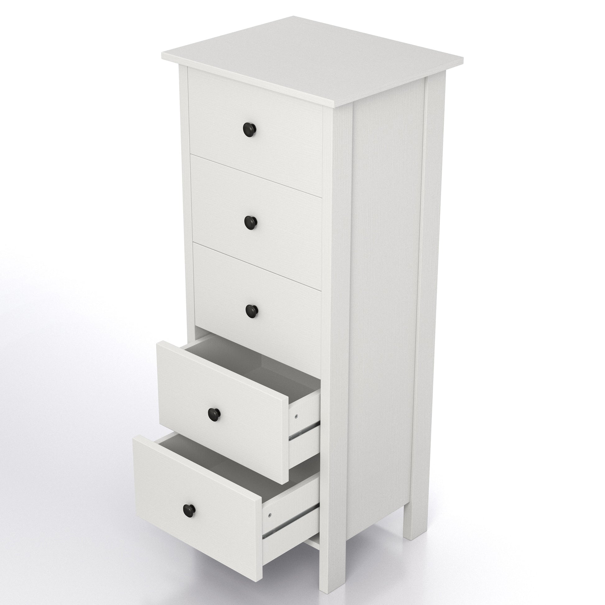 Left angled bird's eye view of a transitional white slim five-drawer chest with two drawers open on a white background