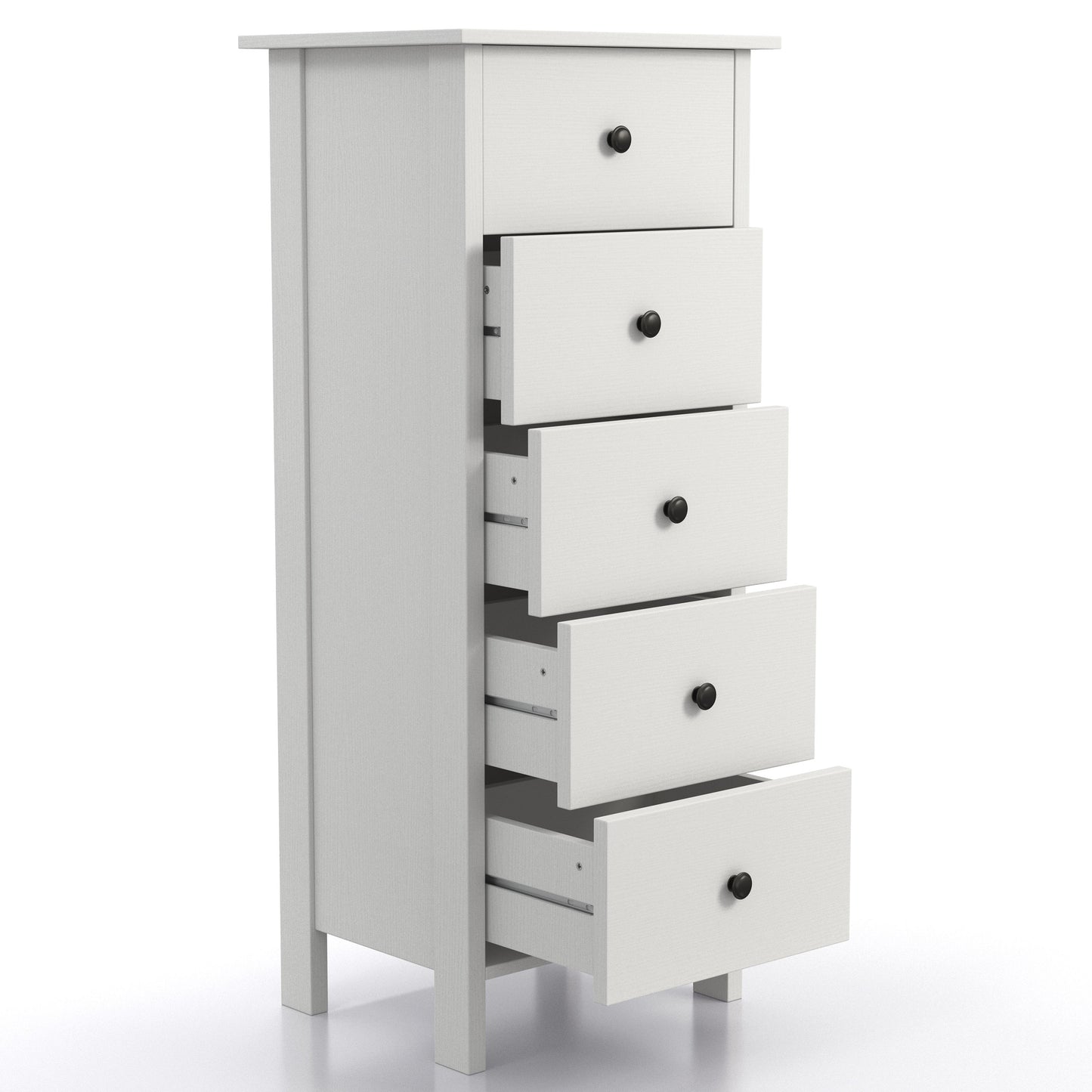 Right angled transitional white slim five-drawer chest with four drawers open on a white background