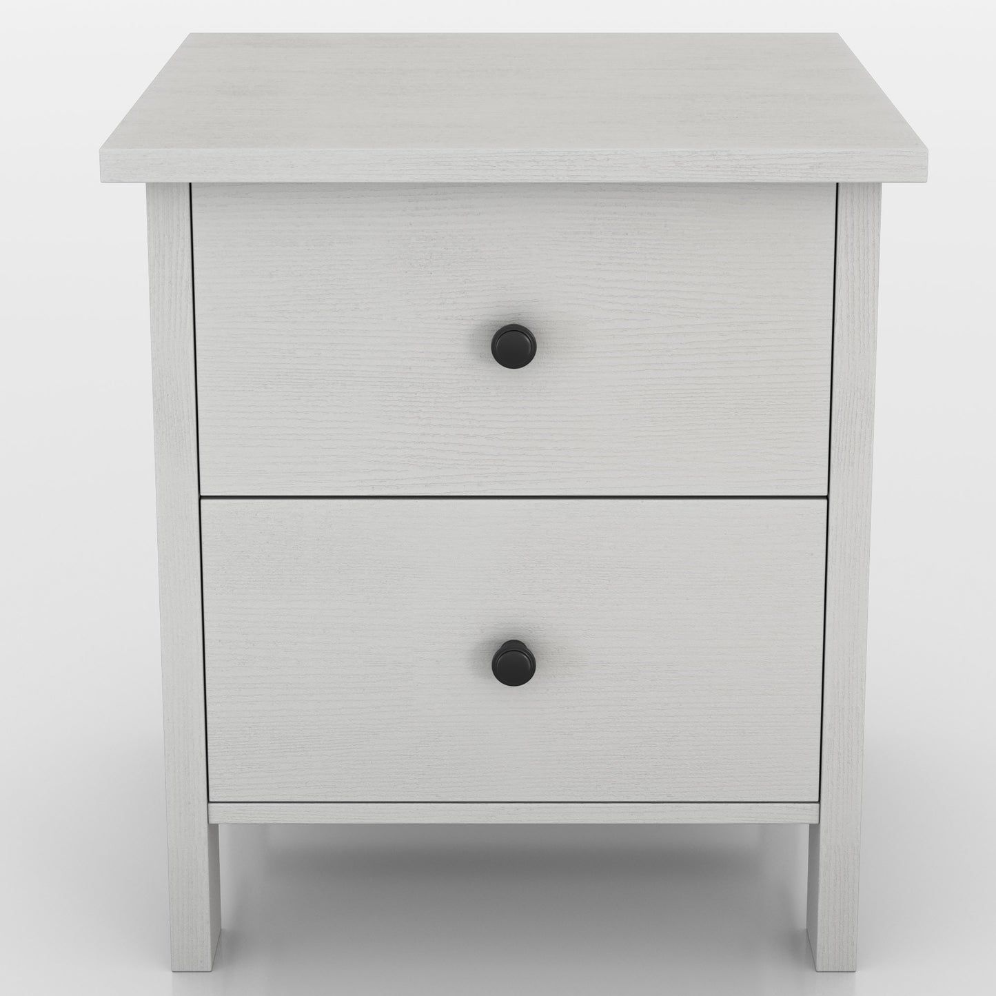 Front-facing transitional white two-drawer nightstand on a white background