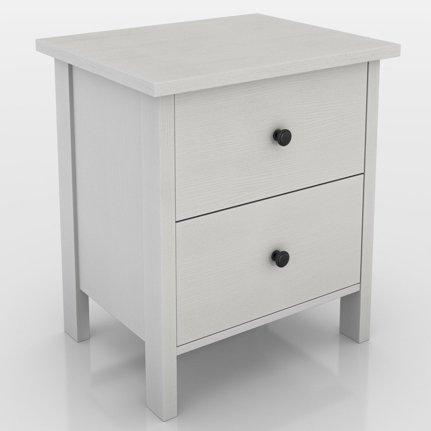 Right angled transitional white two-drawer nightstand on a white background