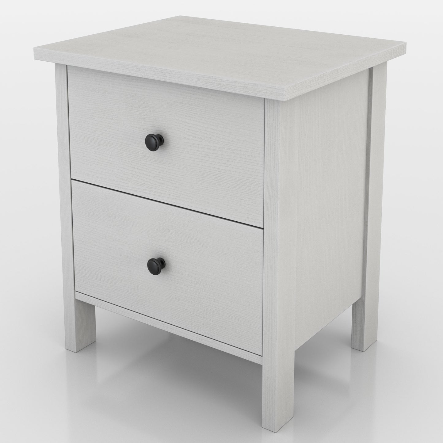 Left angled transitional white two-drawer nightstand on a white background