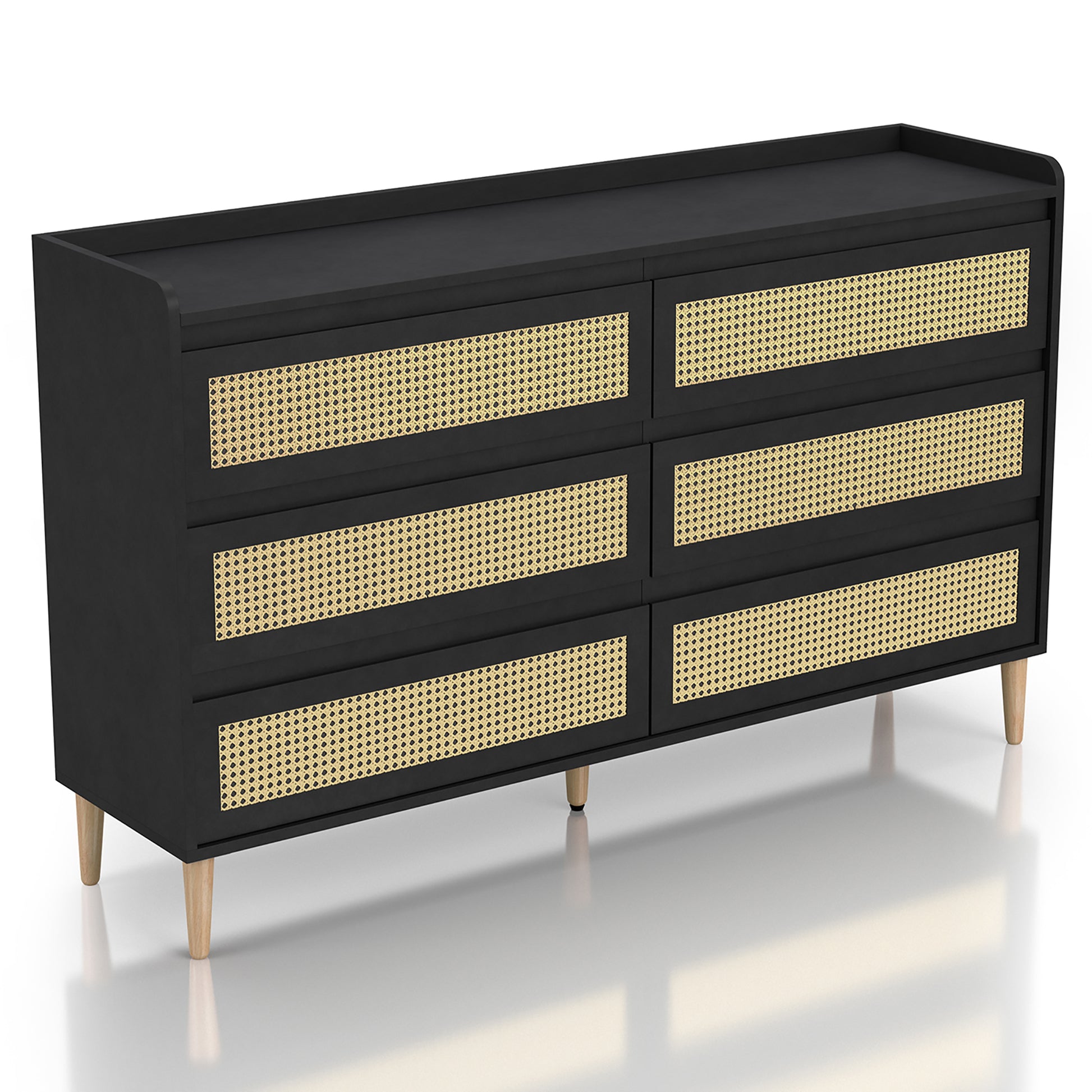 Right angled mid-century modern black and rattan six-drawer dresser on a white background