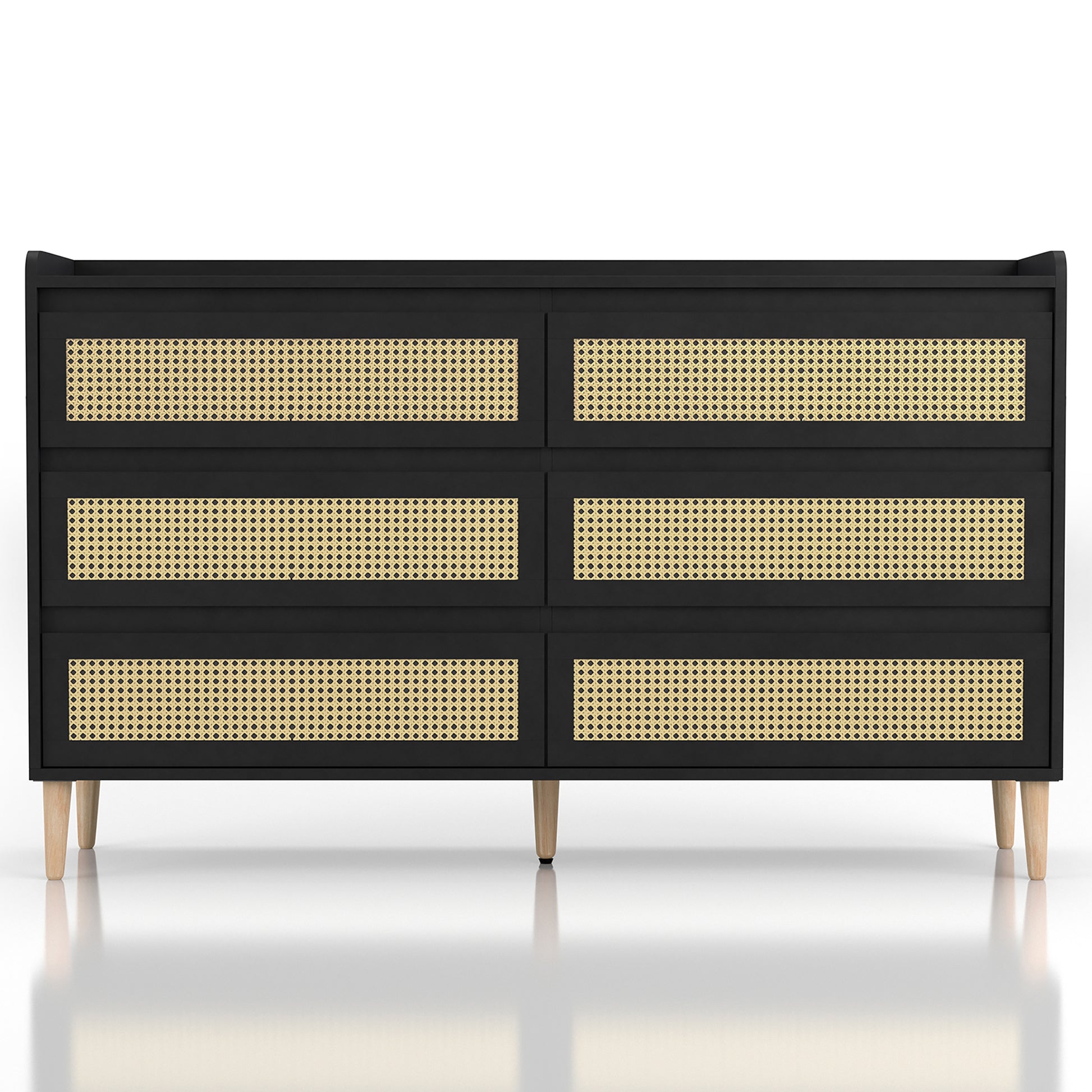 Front-facing mid-century modern black and rattan six-drawer dresser on a white background