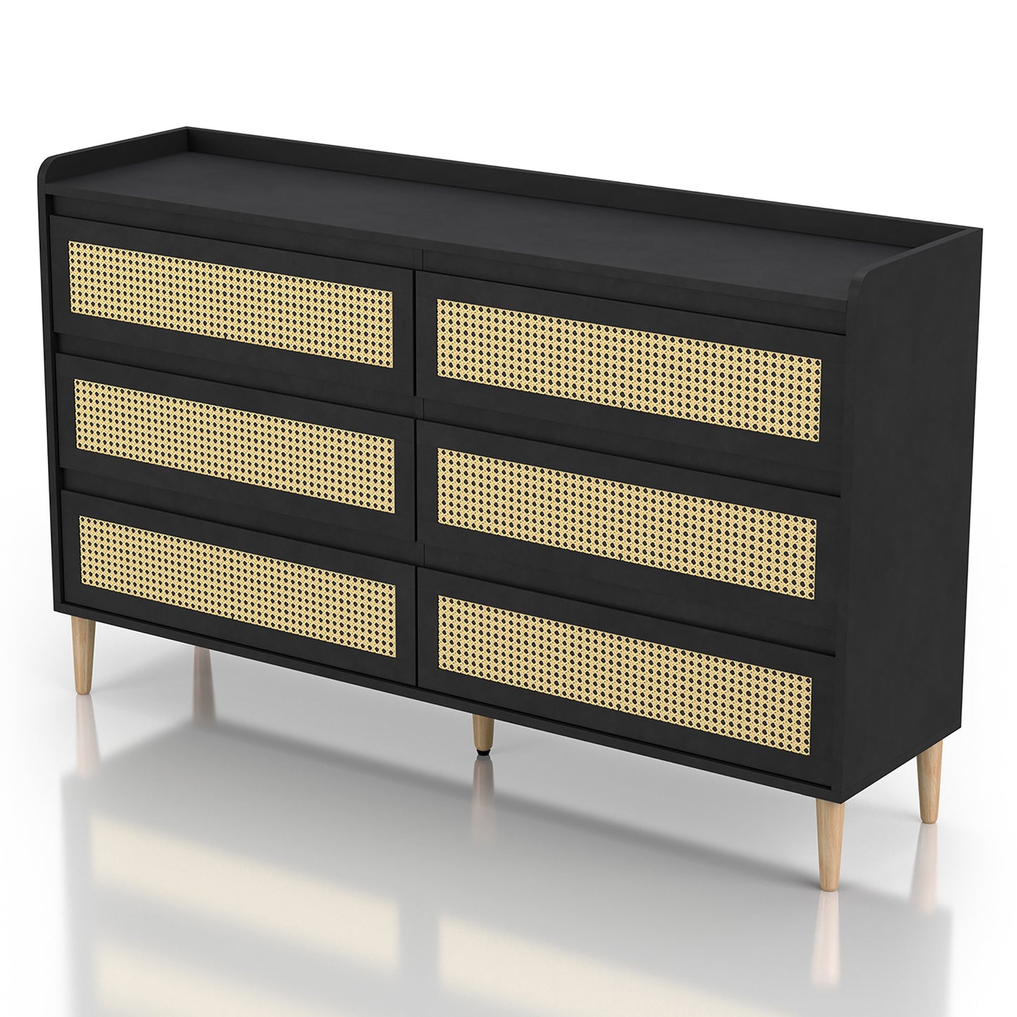 Left angled mid-century modern black and rattan six-drawer dresser on a white background