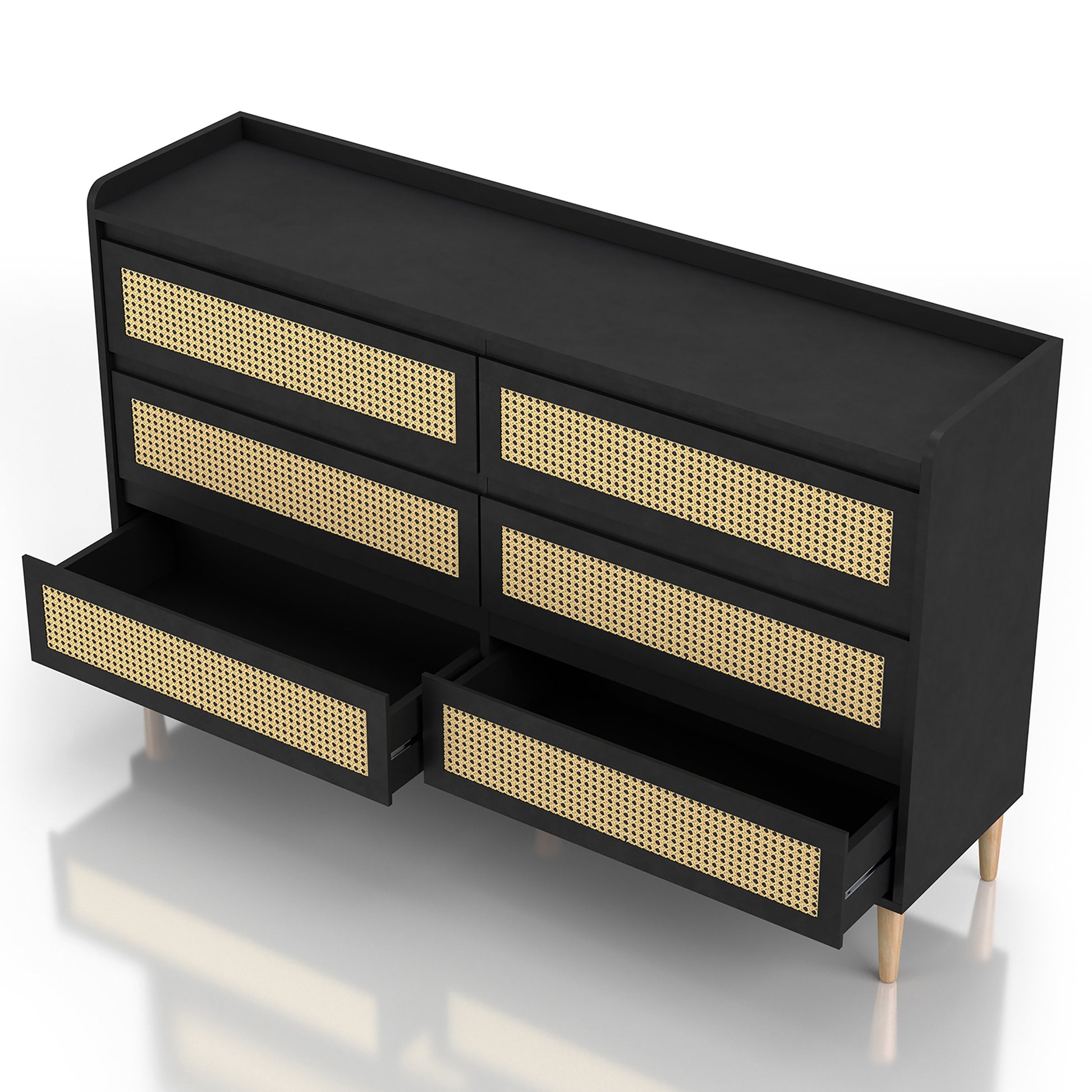 Left angled bird's eye view of a mid-century modern black and rattan six-drawer dresser with lower drawers open on a white background