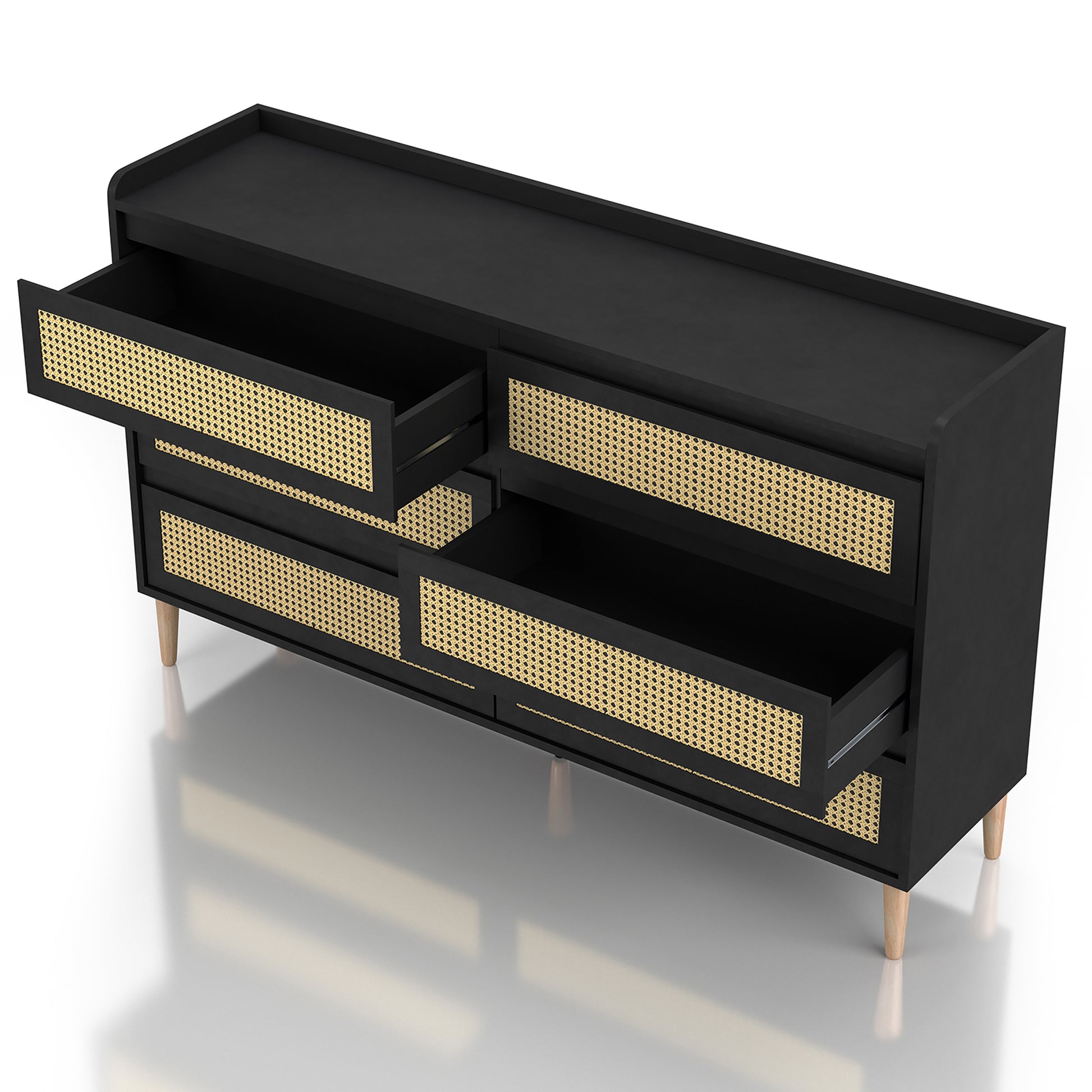 Left angled bird's eye view of a mid-century modern black and rattan six-drawer dresser with two drawers open on a white background