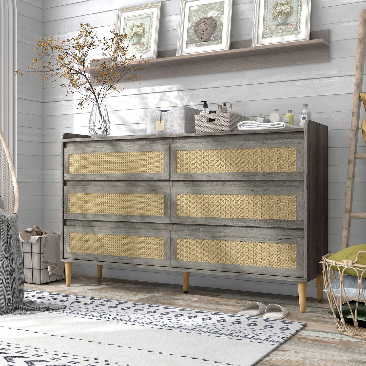 Left angled mid-century modern vintage gray oak and rattan six-drawer dresser in a bedroom with accessories