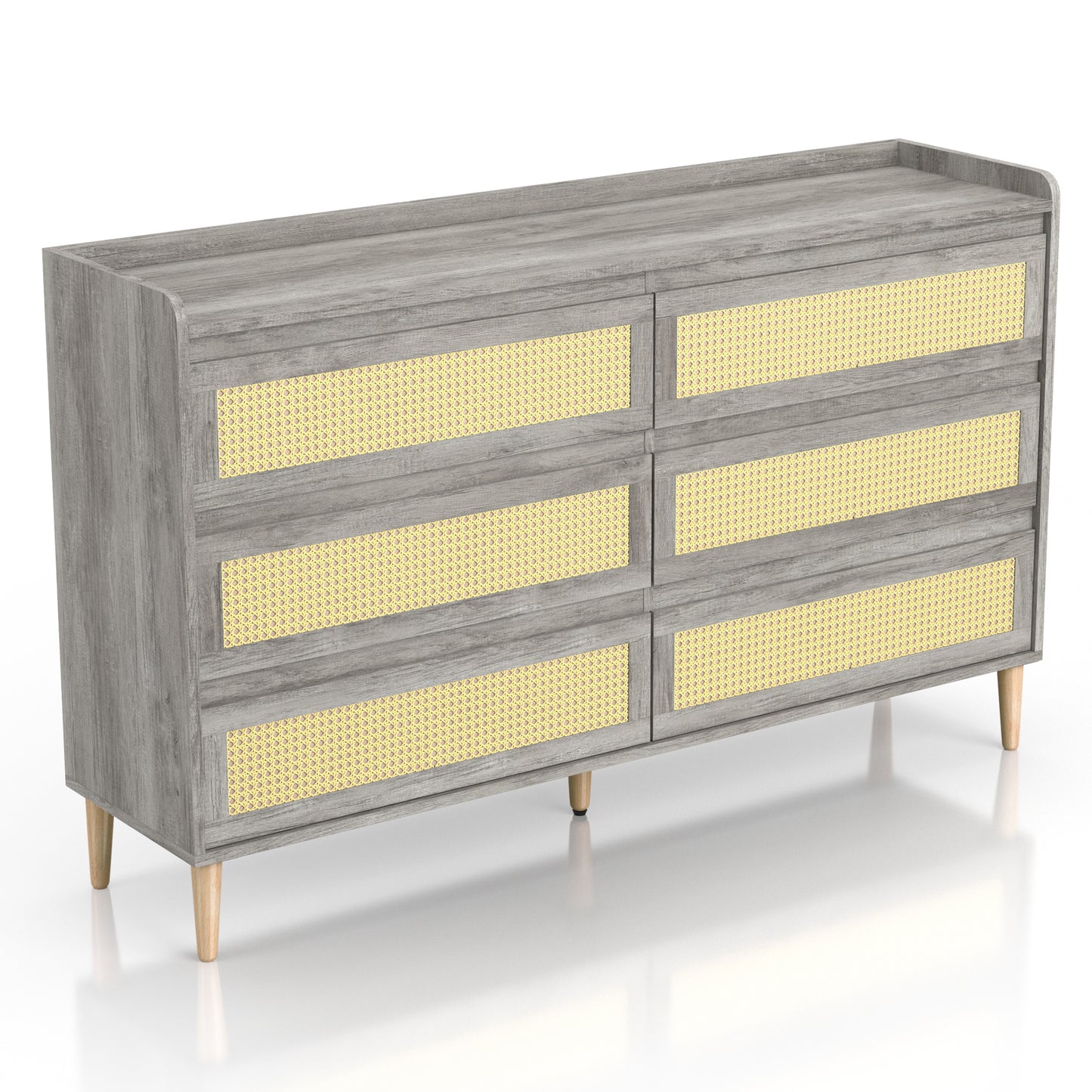 Right angled mid-century modern vintage gray oak and rattan six-drawer dresser on a white background