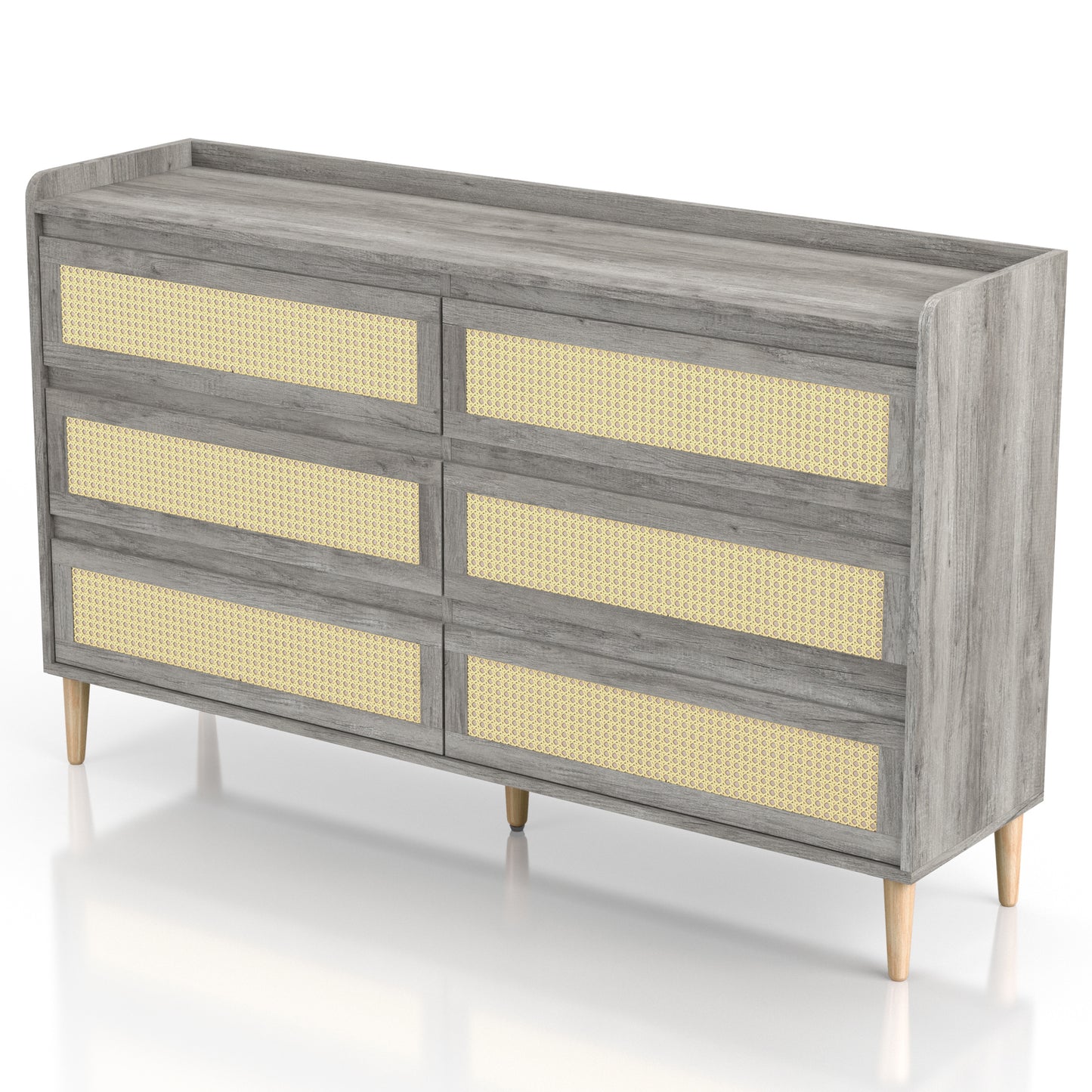 Left angled mid-century modern vintage gray oak and rattan six-drawer dresser on a white background