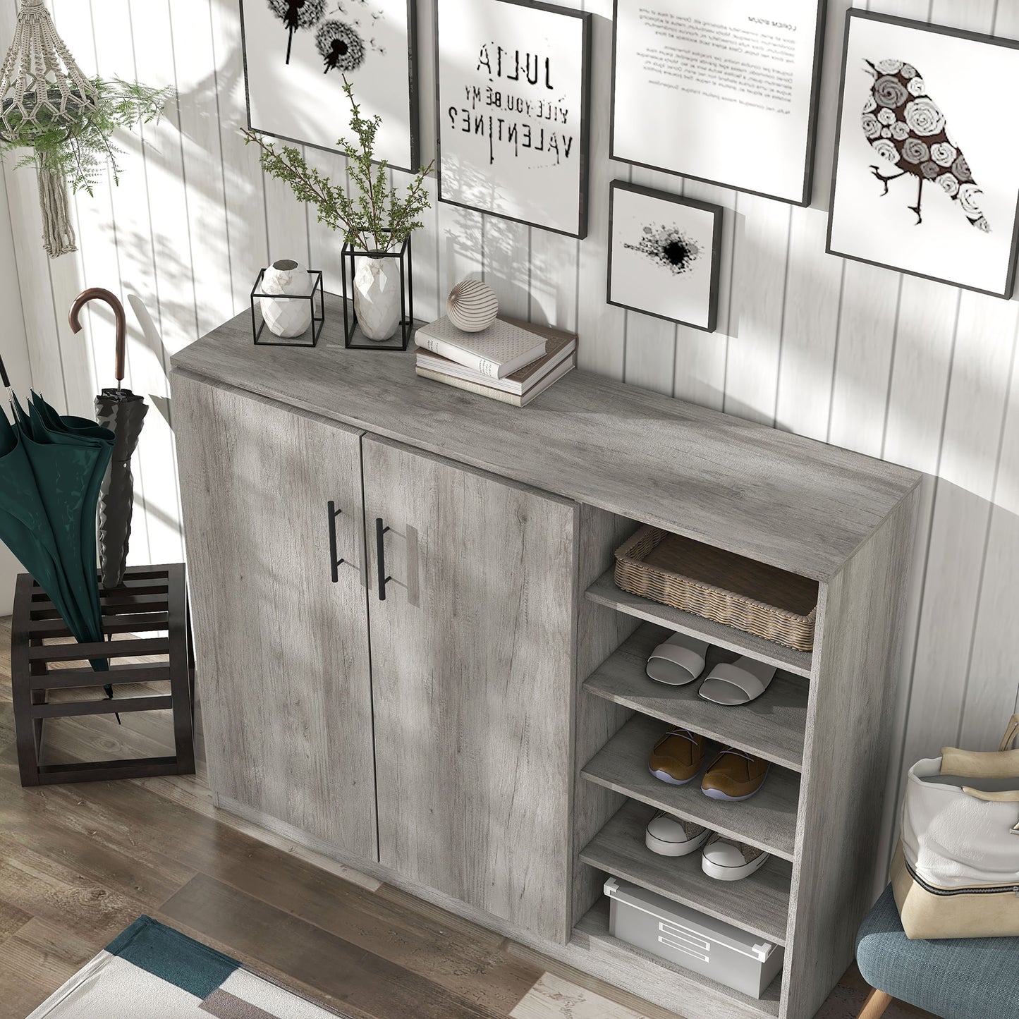 Left angled bird's eye view of a farmhouse vintage gray oak 10-shelf shoe cabinet in an entry with accessories