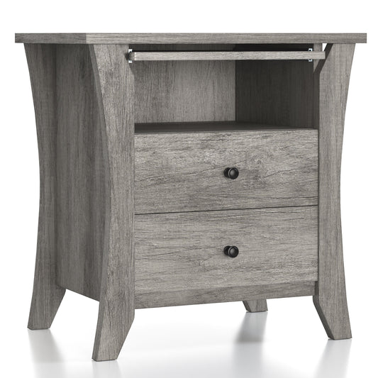 Right angled transitional vintage gray oak two-drawer one-shelf nightstand on a white background