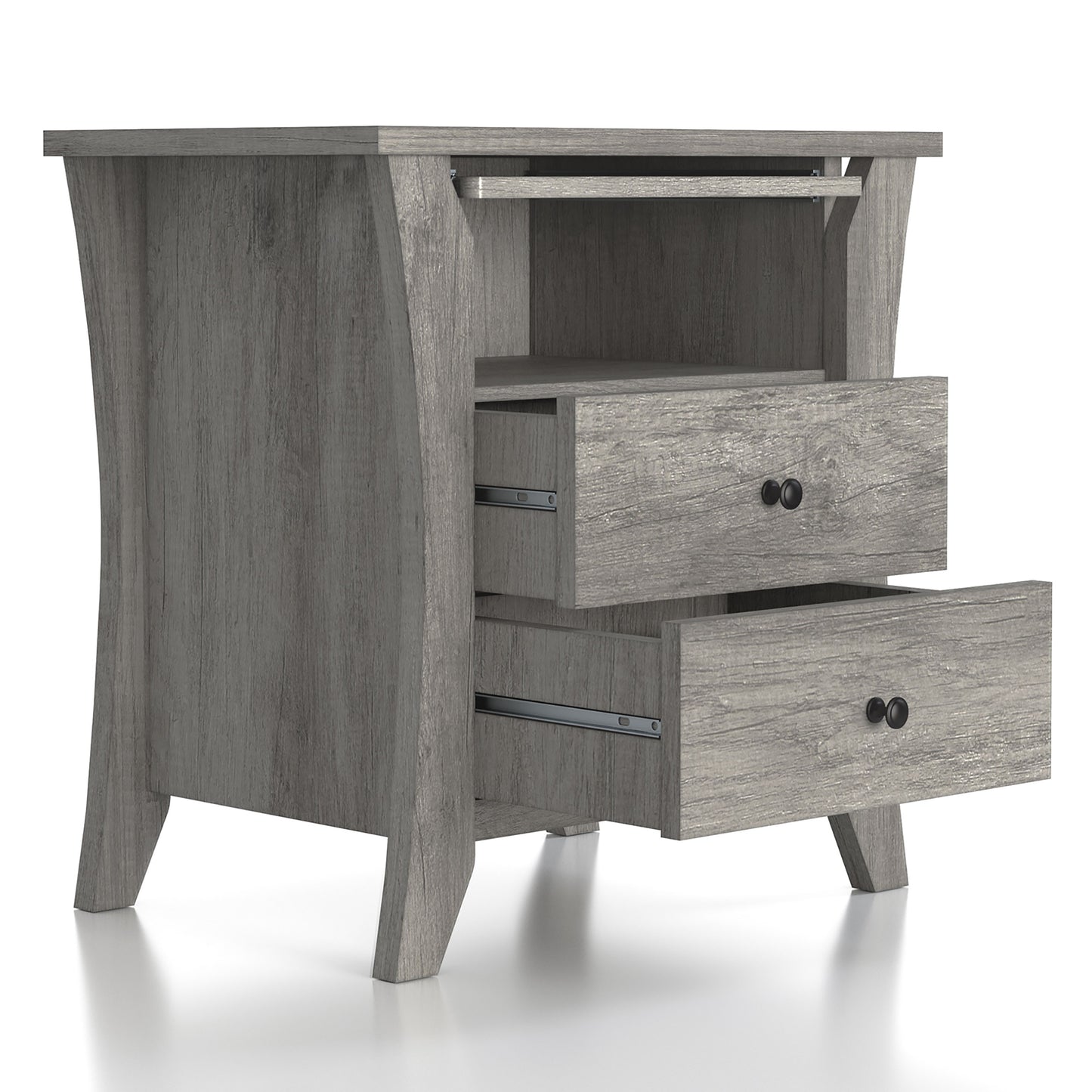 Right angled transitional vintage gray oak two-drawer one-shelf nightstand with tray extended and drawers open on a white background