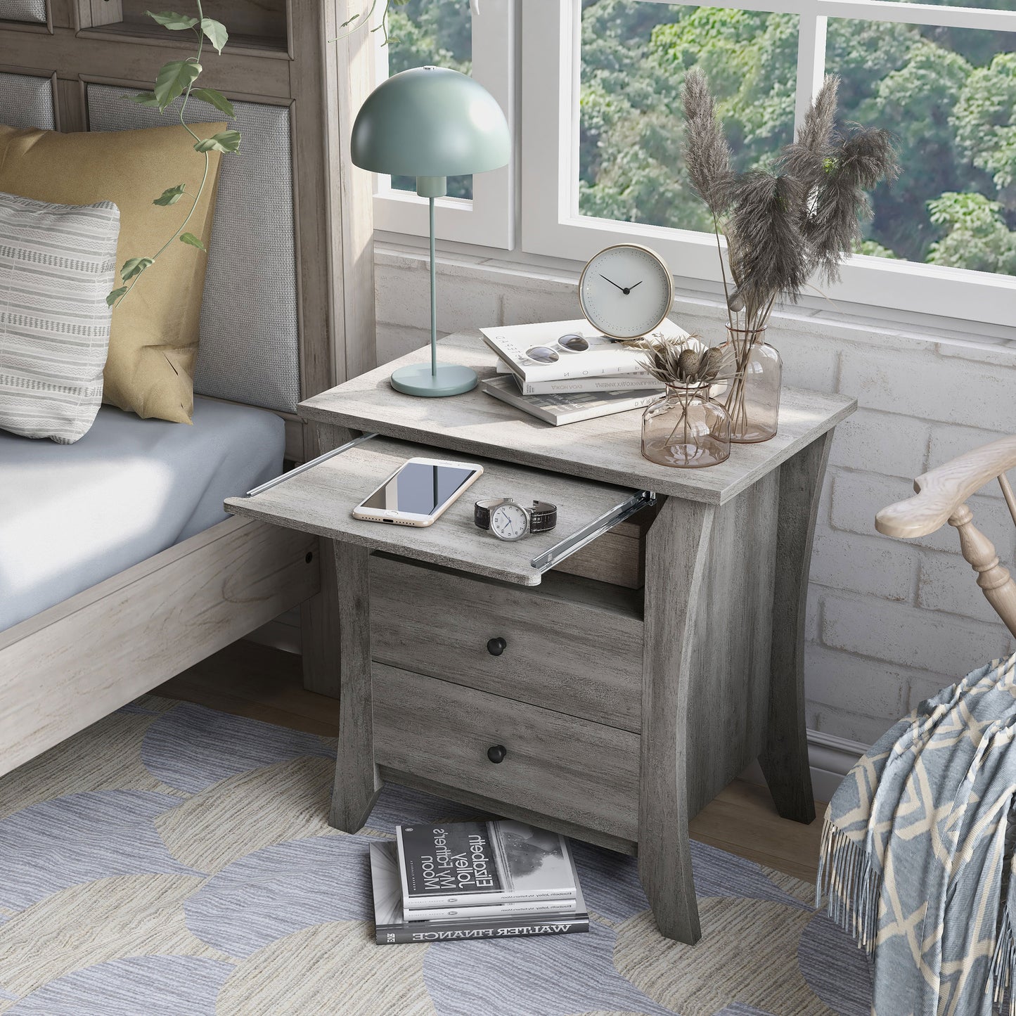 Left angled transitional vintage gray oak two-drawer one-shelf nightstand with tray extended in a bedroom with accessories