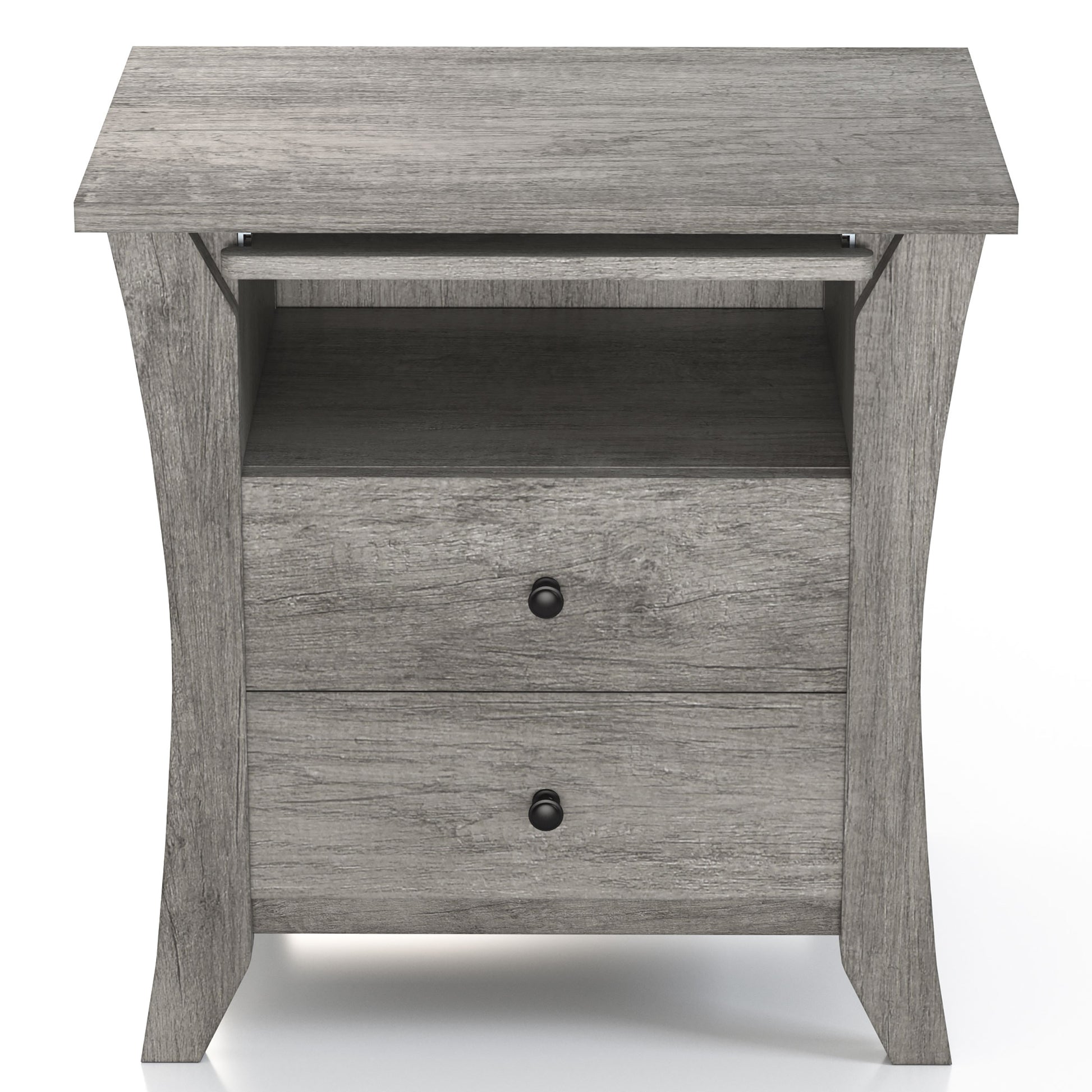 Front-facing transitional vintage gray oak two-drawer one-shelf nightstand in a bedroom with accessories