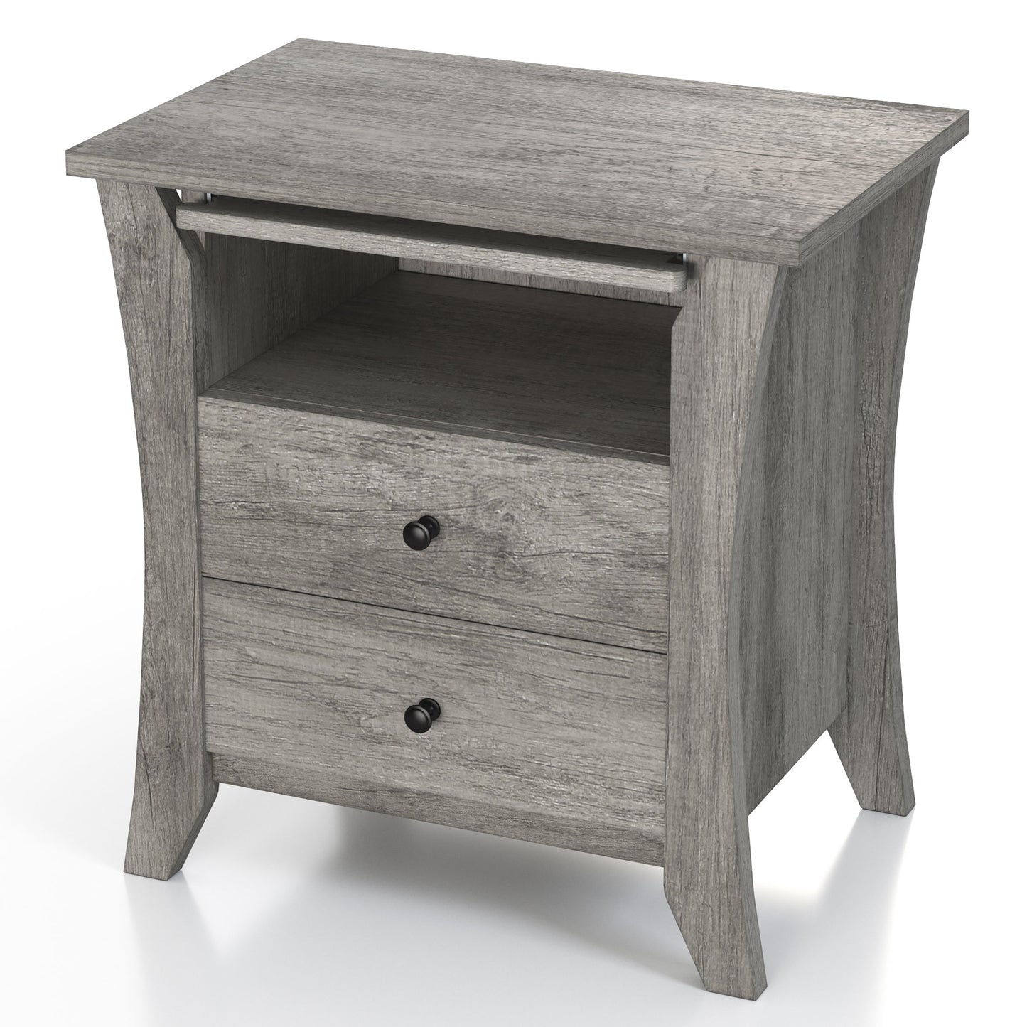 Left angled transitional vintage gray oak two-drawer one-shelf nightstand on a white background