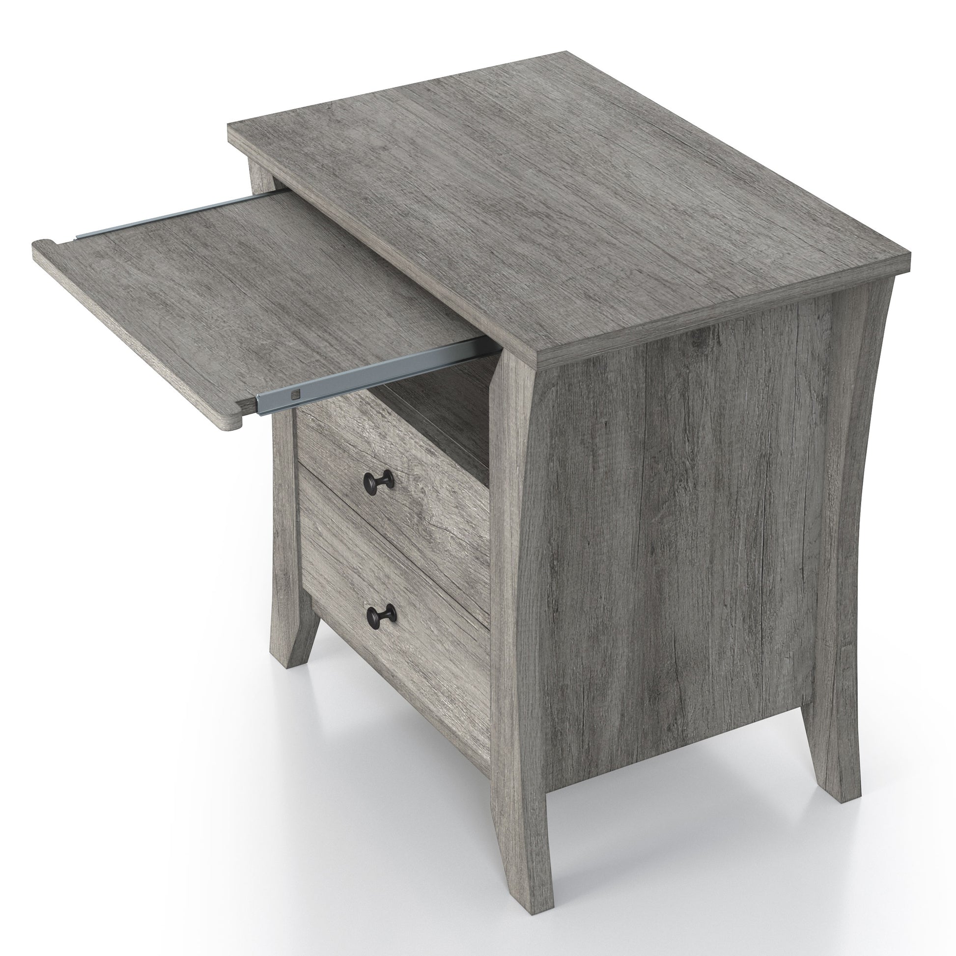 Left angled transitional vintage gray oak two-drawer one-shelf nightstand with tray extended on a white background