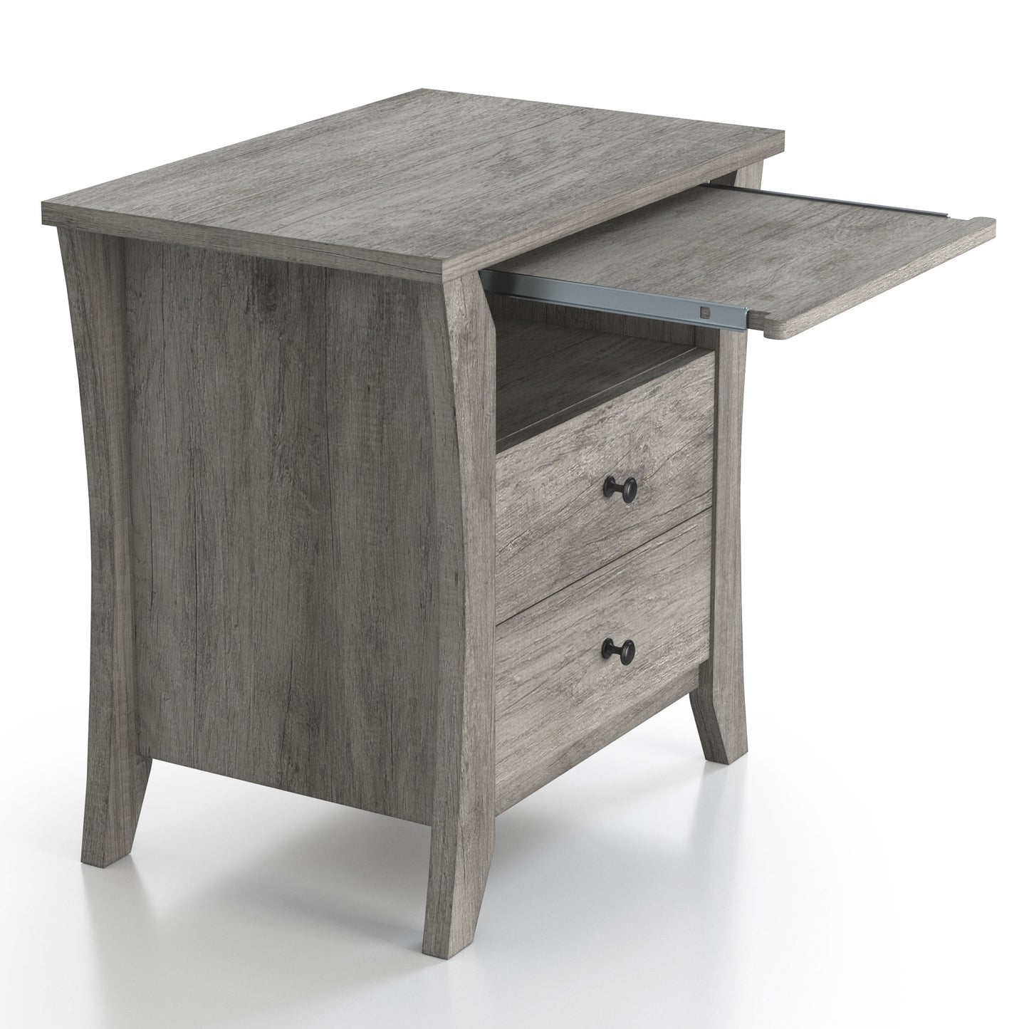 Right angled transitional vintage gray oak two-drawer one-shelf nightstand with tray extended on a white background