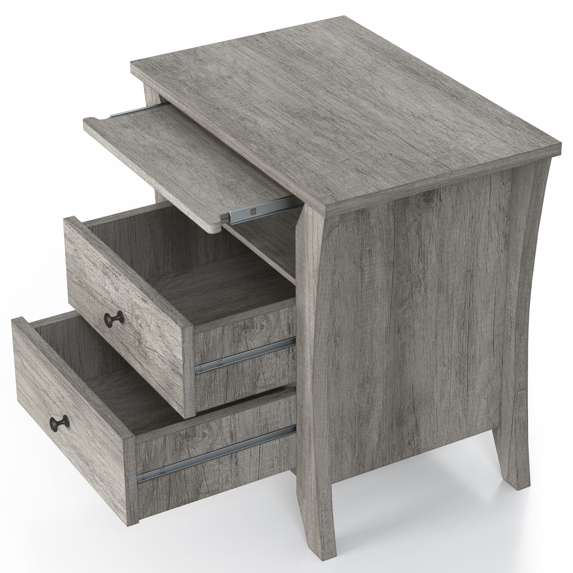 Left angled transitional vintage gray oak two-drawer one-shelf nightstand with tray extended and drawers open on a white background
