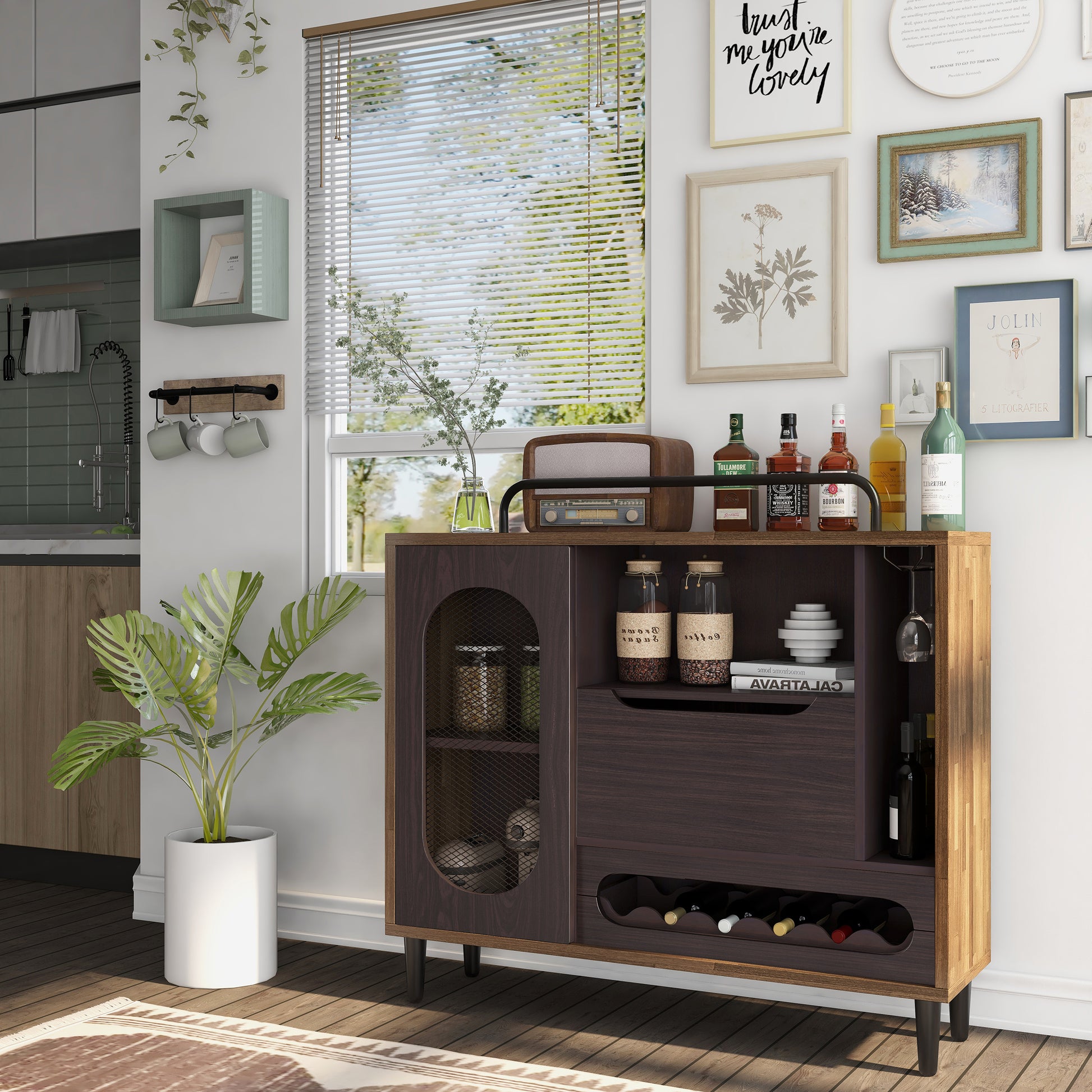 Left angled mid-century modern light hickory six-bottle wine buffet with stemware storage in a dining room with accessories