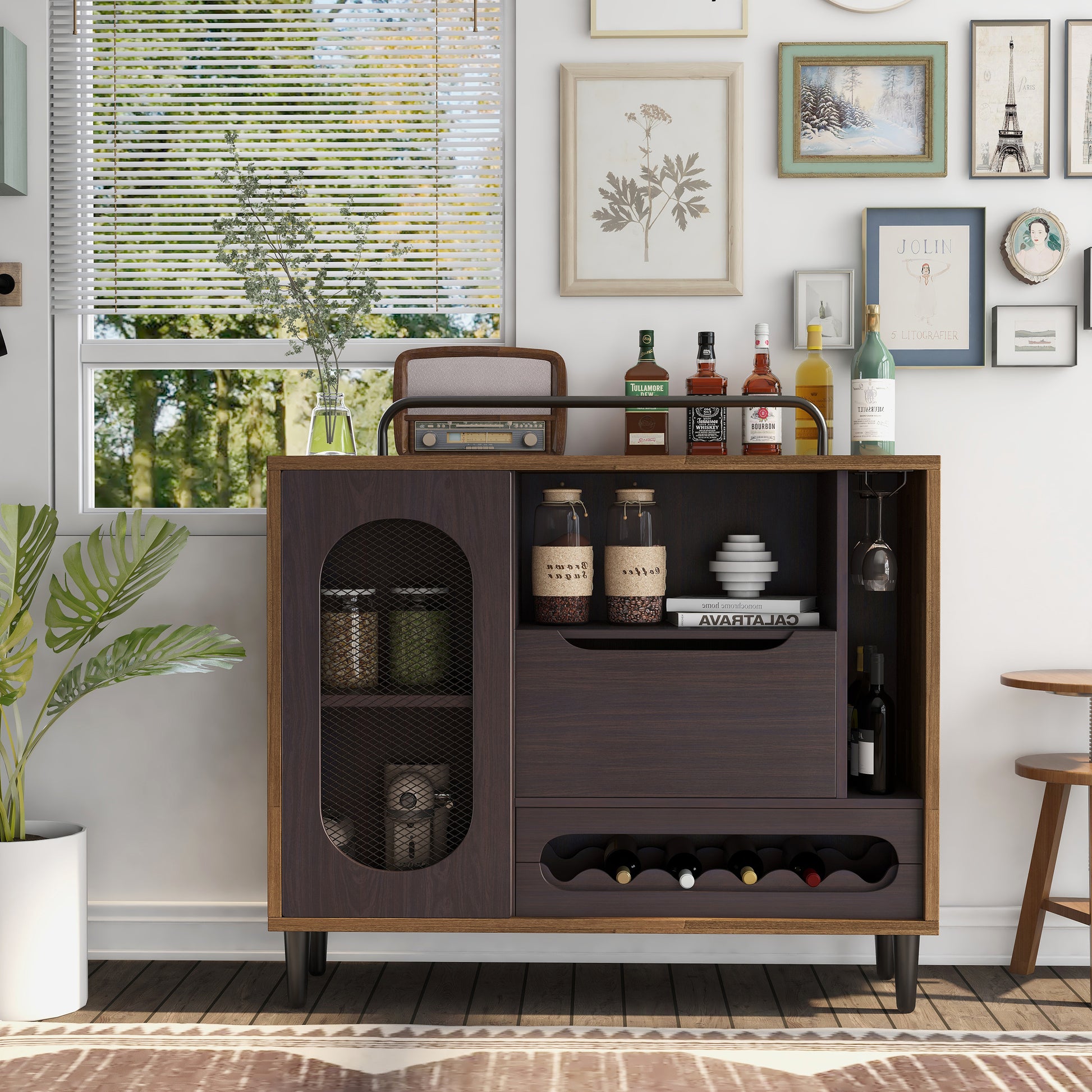 Front-facing mid-century modern light hickory six-bottle wine buffet with stemware storage in a dining room with accessories