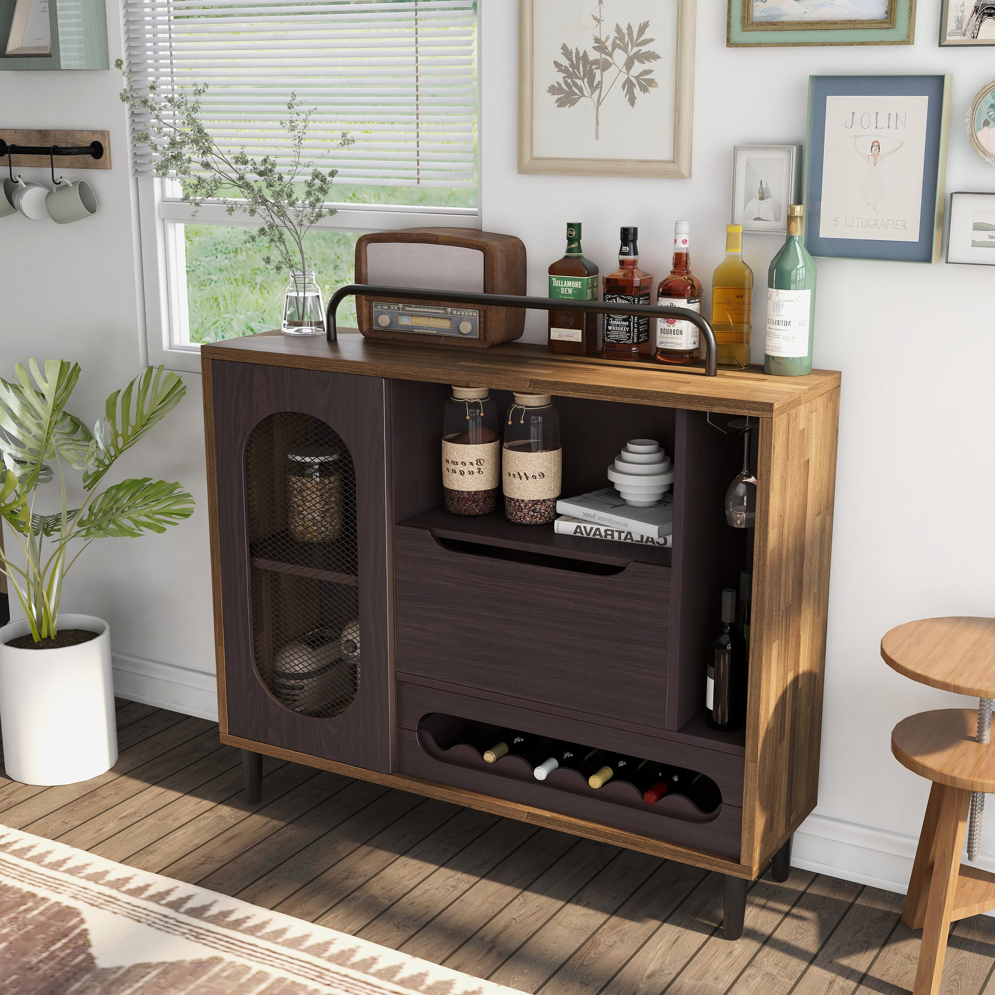 Left angled mid-century modern light hickory six-bottle wine buffet with stemware storage in a dining room with accessories