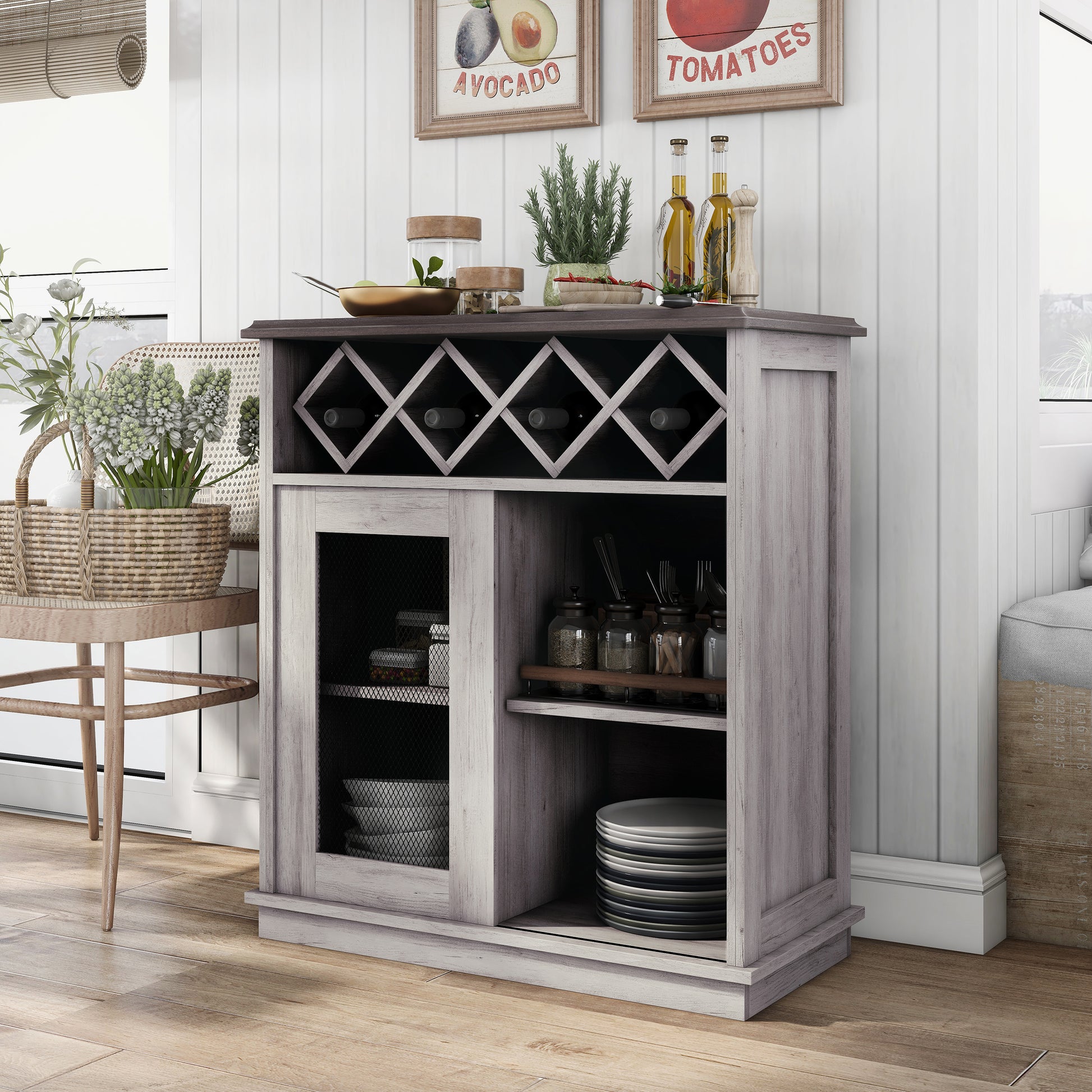 Left angled farmhouse coastal white four-bottle four-shelf wine buffet with a sliding door in a living area with accessories