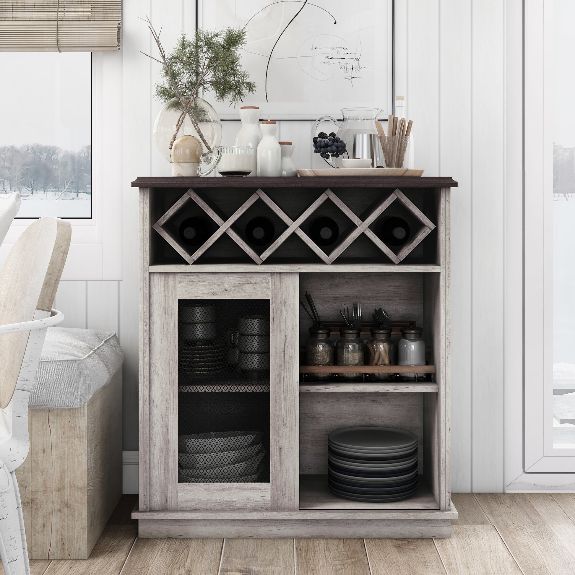 Front-facing farmhouse coastal white four-bottle four-shelf wine buffet with a sliding door in a living area with accessories