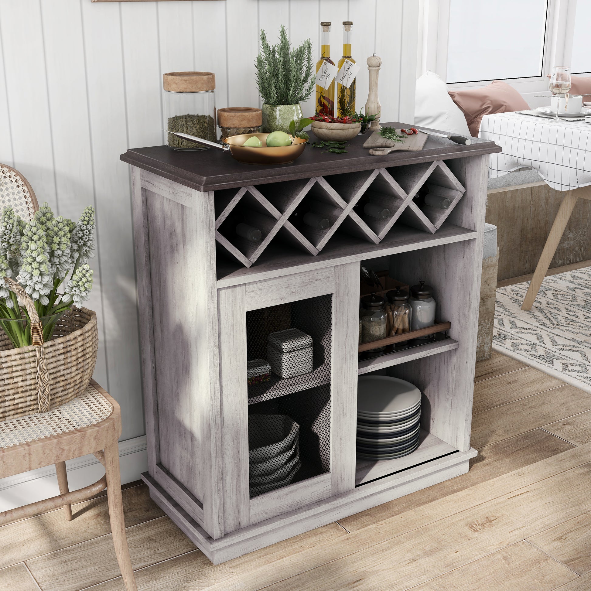 Right angled farmhouse coastal white four-bottle four-shelf wine buffet with a sliding door in a living area with accessories