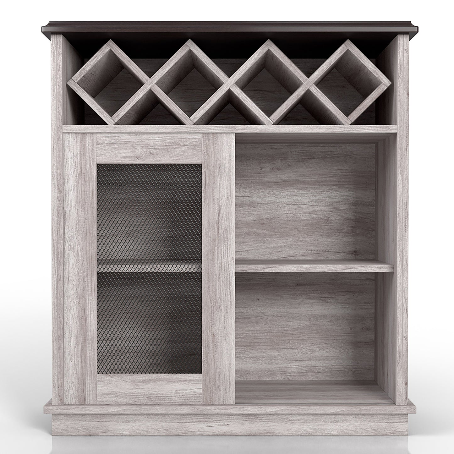 Front-facing farmhouse coastal white four-bottle four-shelf wine buffet with a sliding door on a white background