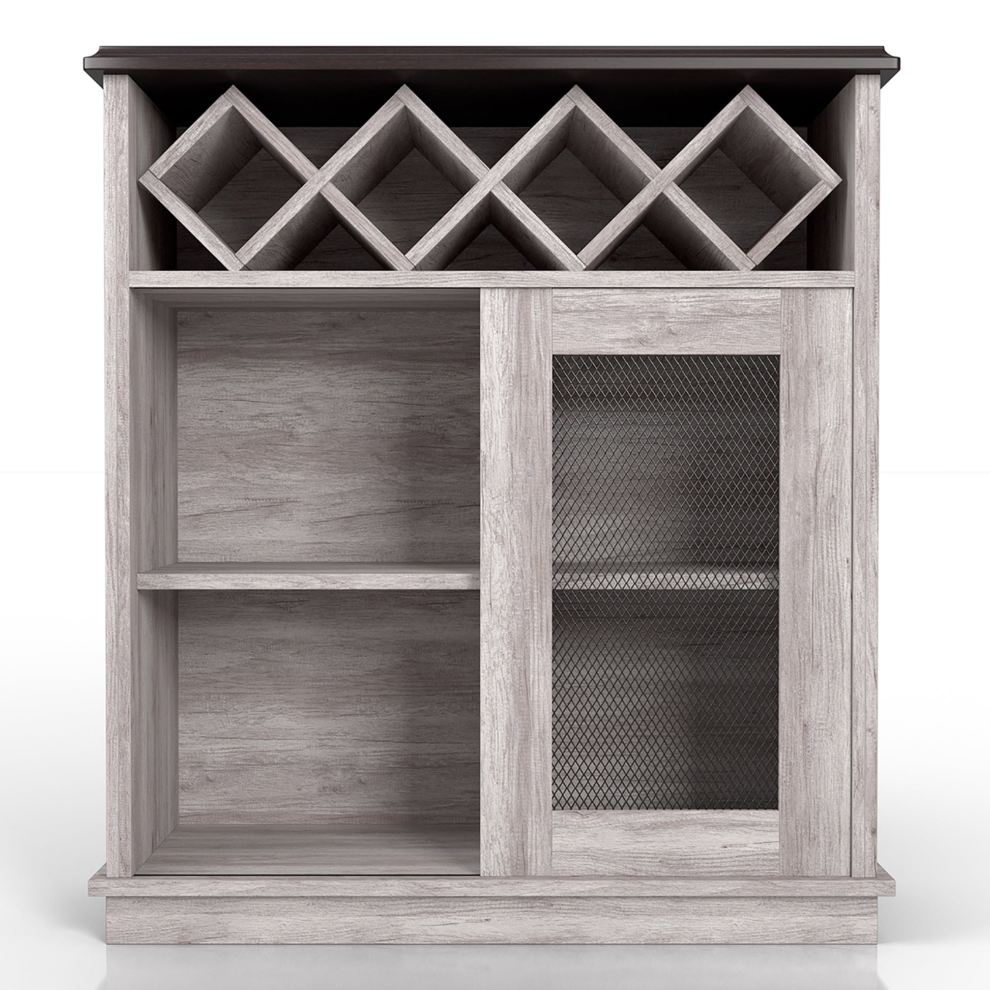 Front-facing farmhouse coastal white four-bottle four-shelf wine buffet with a sliding door on a white background