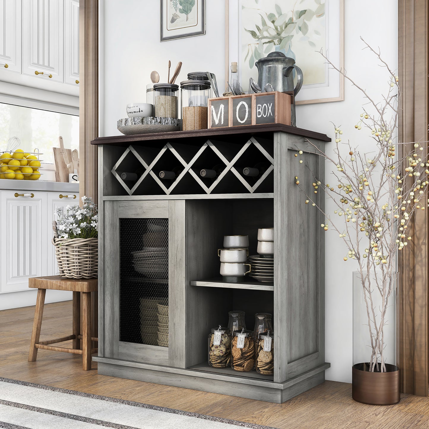 Left angled farmhouse vintage gray oak four-bottle four-shelf wine buffet with a sliding door in a living area with accessories