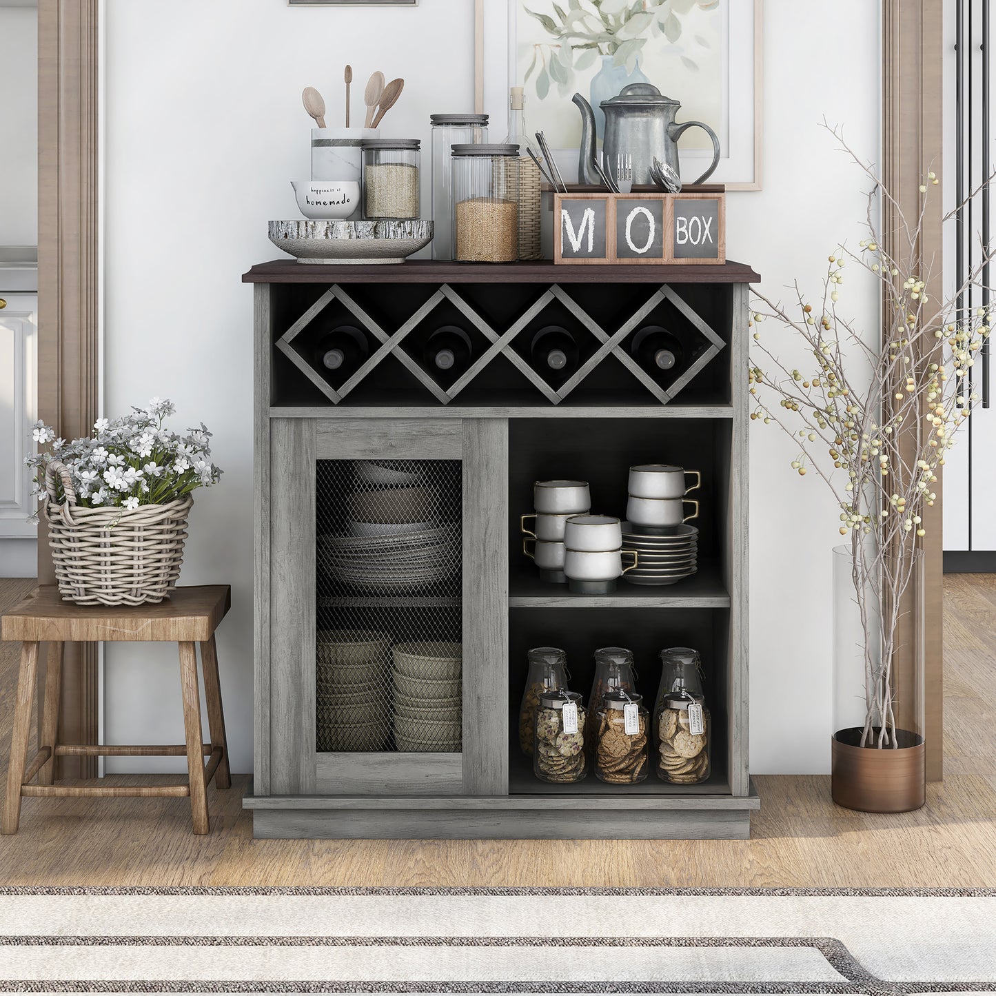 Front-facing farmhouse vintage gray oak four-bottle four-shelf wine buffet with a sliding door in a living area with accessories