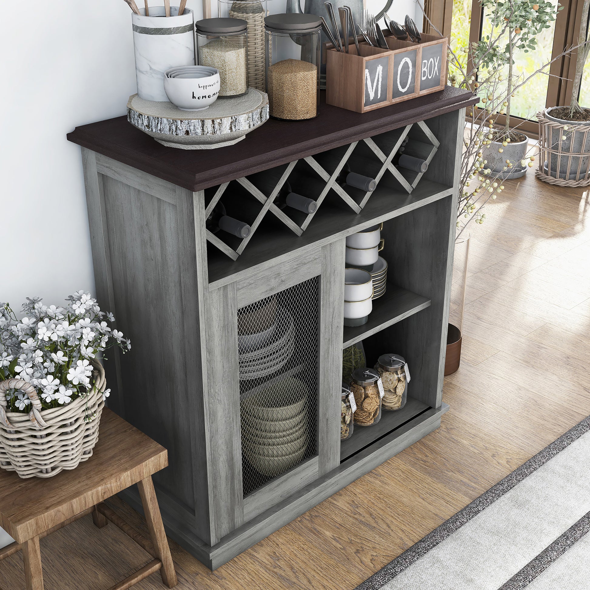 Right angled farmhouse vintage gray oak four-bottle four-shelf wine buffet with a sliding door in a living area with accessories