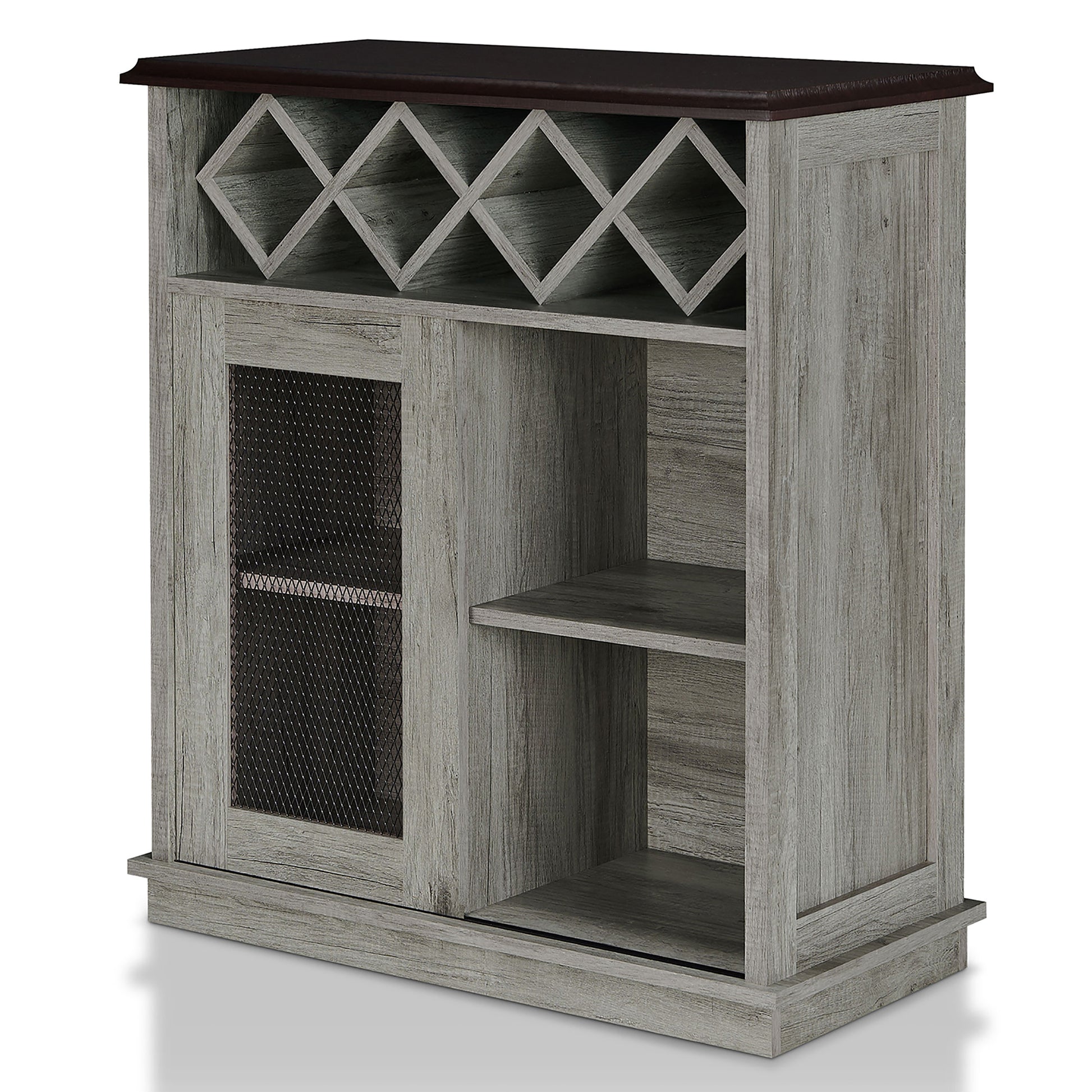 Left angled farmhouse vintage gray oak four-bottle four-shelf wine buffet with a sliding door on a white background