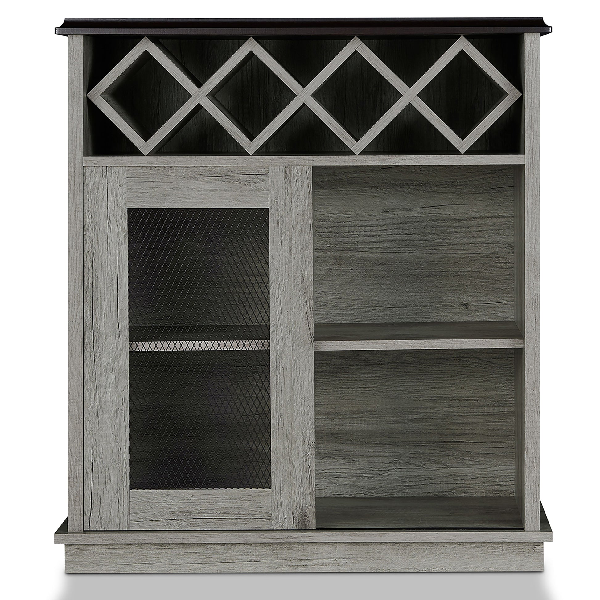 Front-facing farmhouse vintage gray oak four-bottle four-shelf wine buffet with a sliding door on a white background