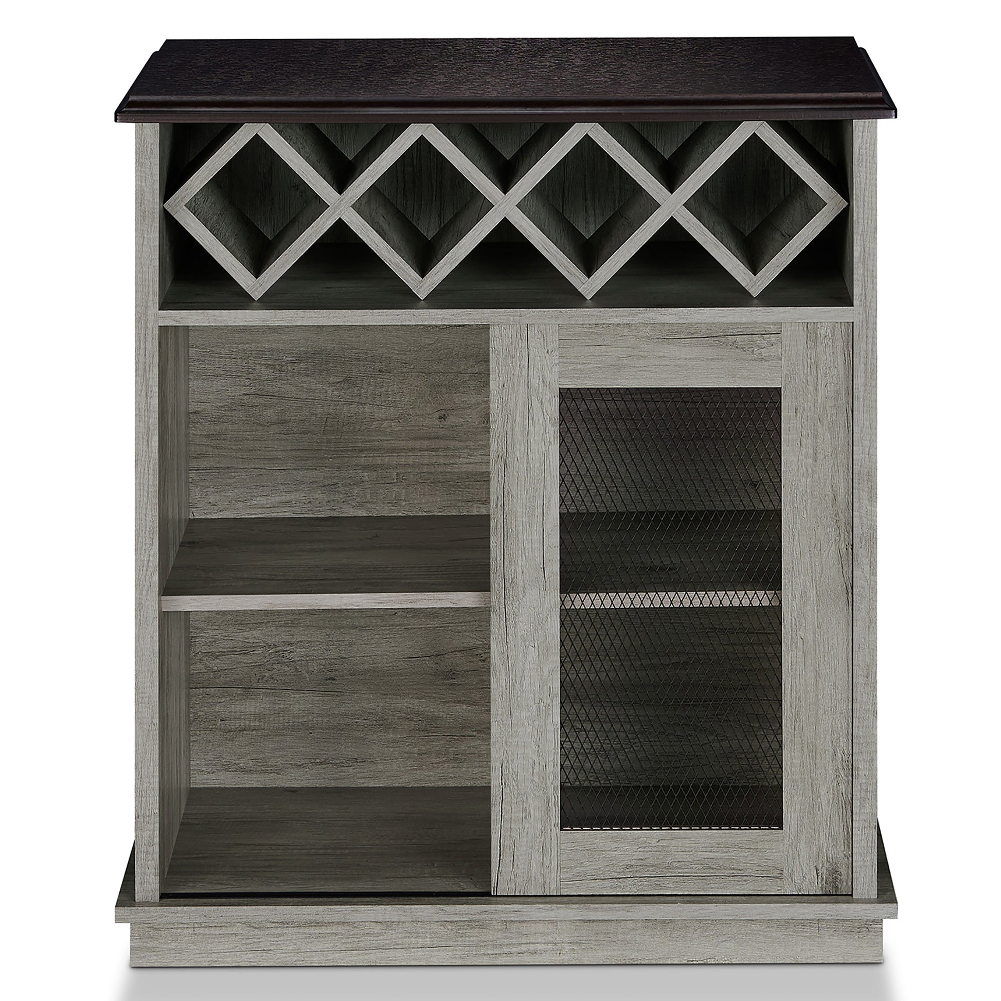 Front-facing farmhouse vintage gray oak four-bottle four-shelf wine buffet with a sliding door on a white background
