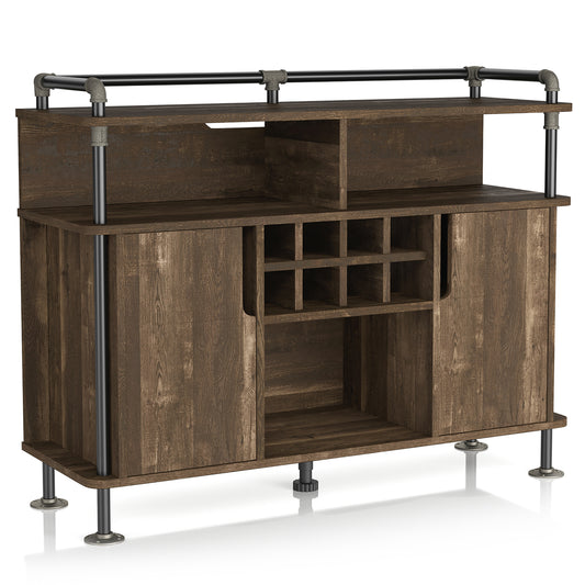 Right angled industrial reclaimed oak and water pipe seven-shelf eight-cabinet wine cabinet on a white background