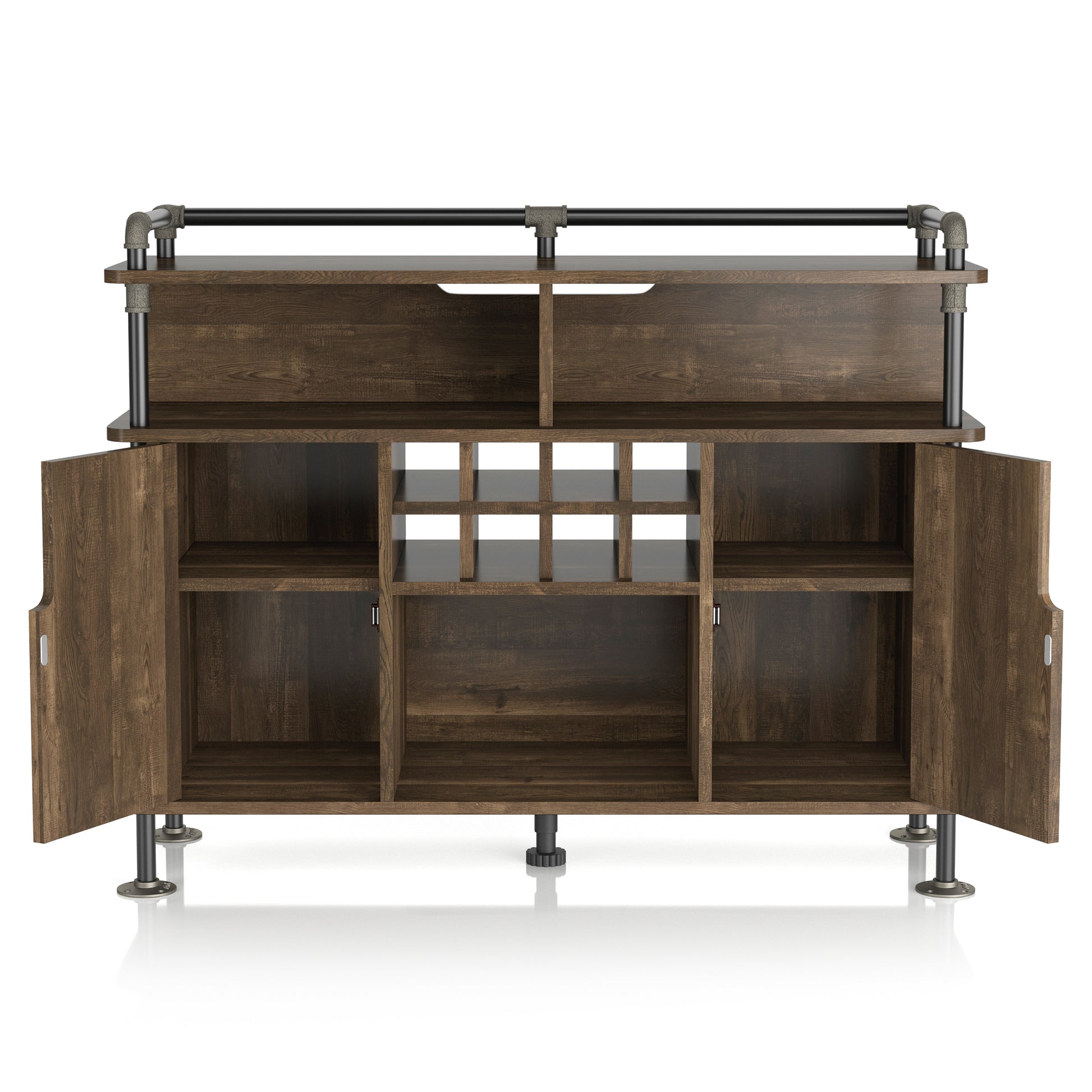 Front-facing industrial reclaimed oak and water pipe seven-shelf eight-cabinet wine cabinet with doors open on a white background