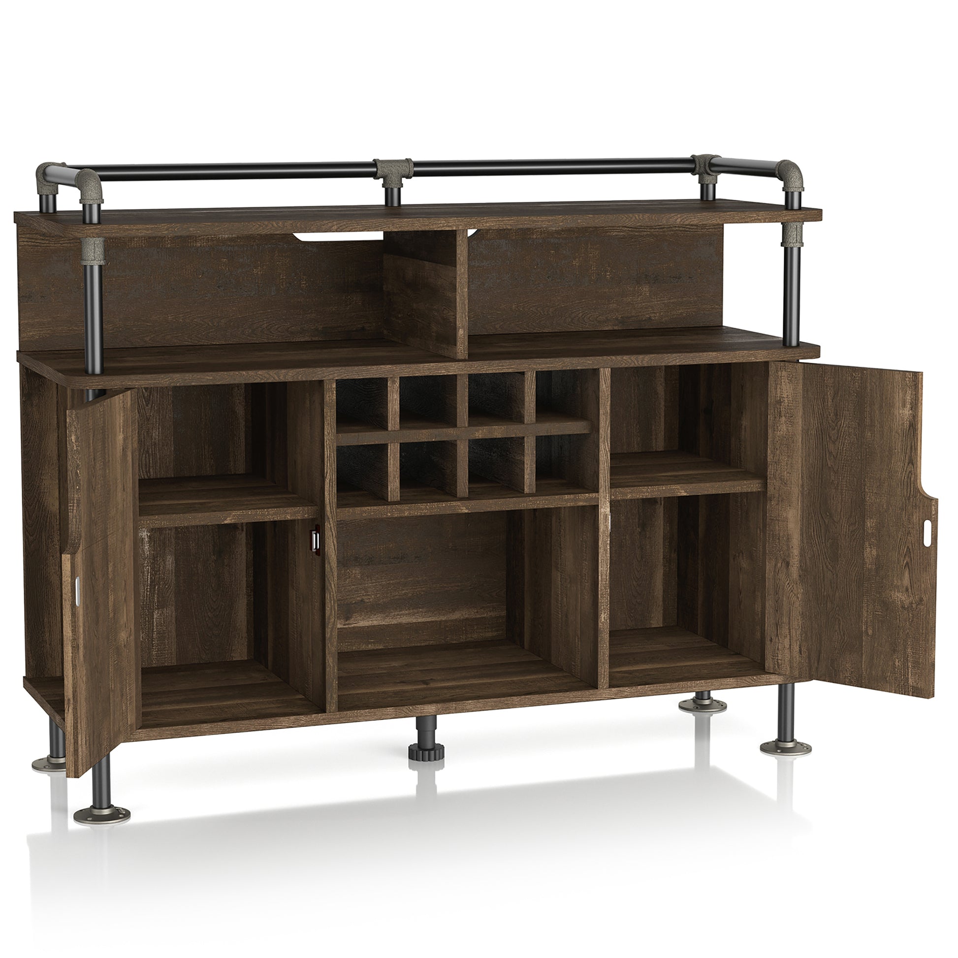 Right angled industrial reclaimed oak and water pipe seven-shelf eight-cabinet wine cabinet with doors open on a white background