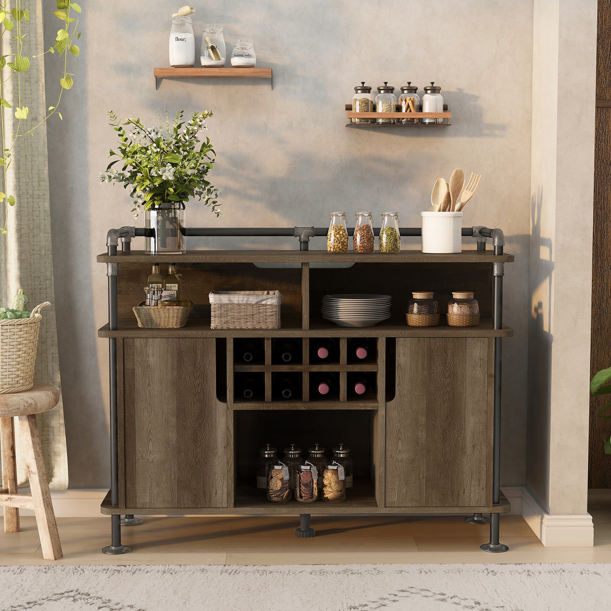 Front-facing industrial reclaimed oak and water pipe seven-shelf eight-cabinet wine cabinet in a living area with accessories