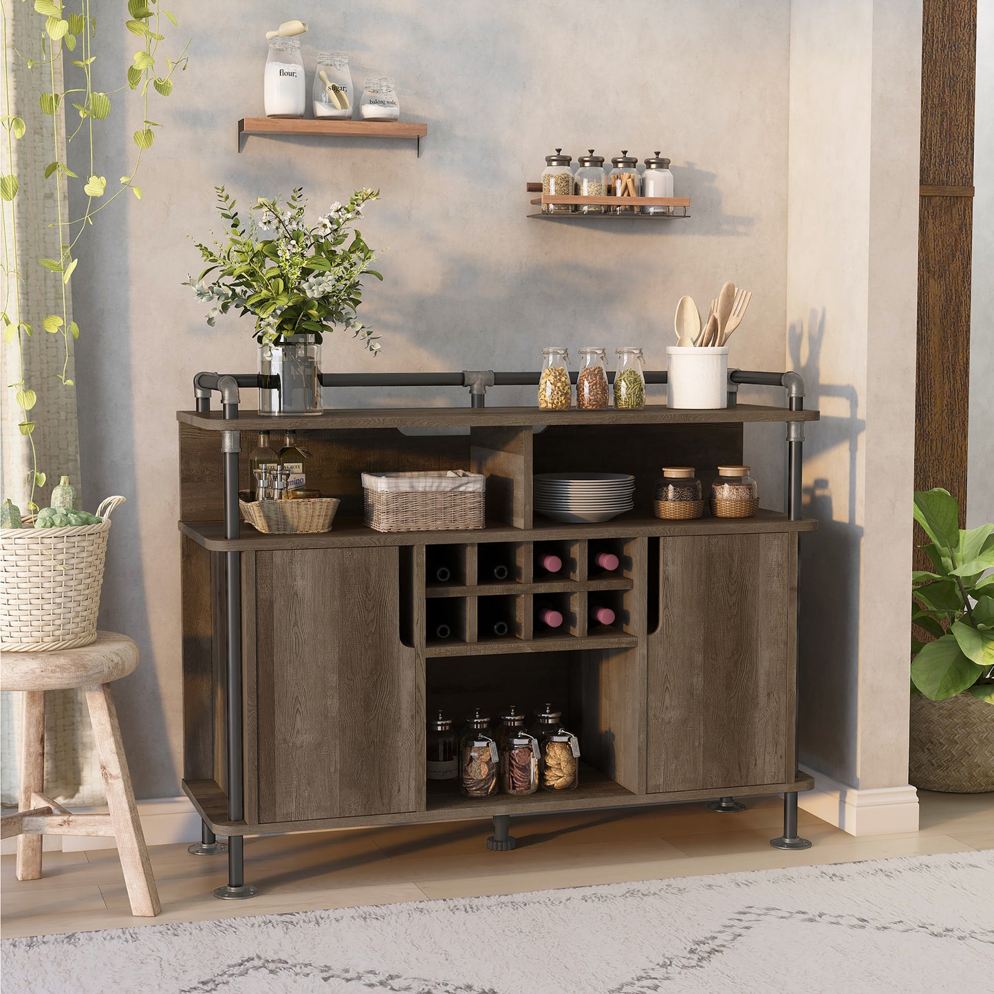 Right angled industrial reclaimed oak and water pipe seven-shelf eight-cabinet wine cabinet in a living area with accessories