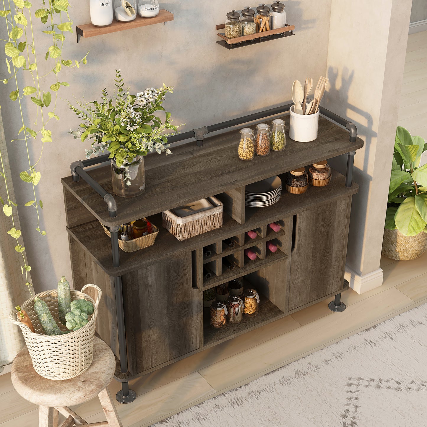 Right angled bird's eye view of an industrial reclaimed oak and water pipe seven-shelf eight-cabinet wine cabinet in a living area with accessories