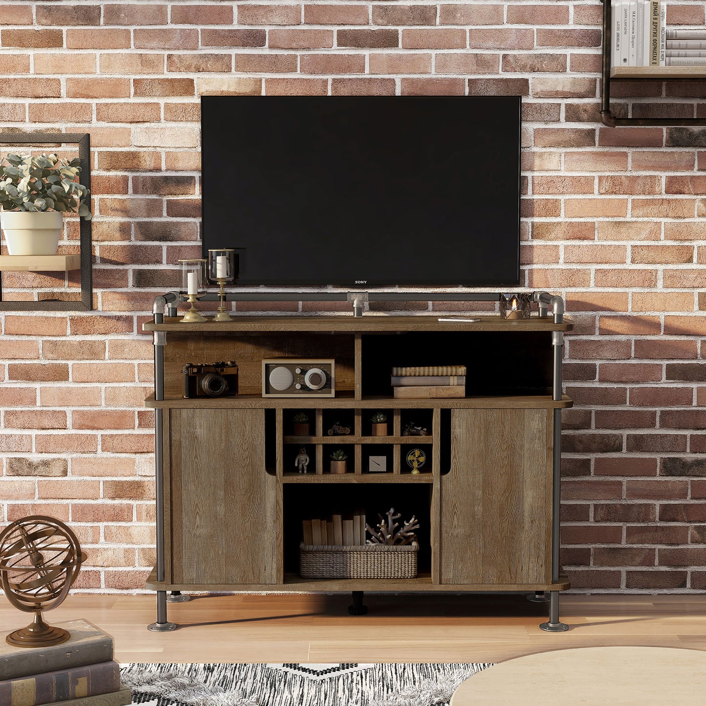 Front-facing industrial reclaimed oak and water pipe seven-shelf eight-cabinet wine cabinet in a living room with accessories