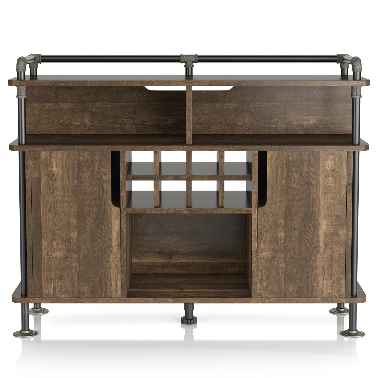 Front-facing industrial reclaimed oak and water pipe seven-shelf eight-cabinet wine cabinet on a white background