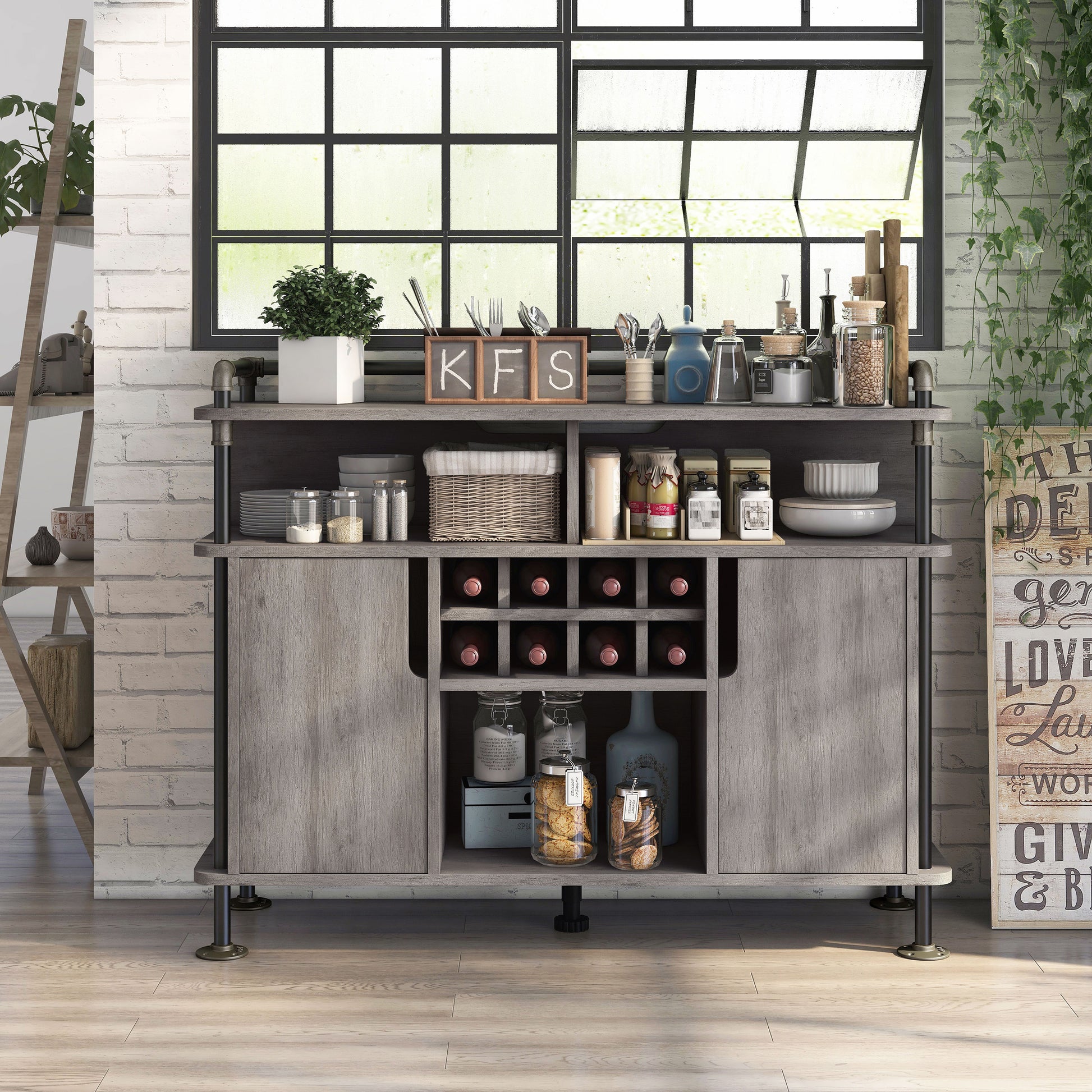 Front-facing industrial vintage gray oak and water pipe seven-shelf eight-cabinet wine cabinet in a living area with accessories