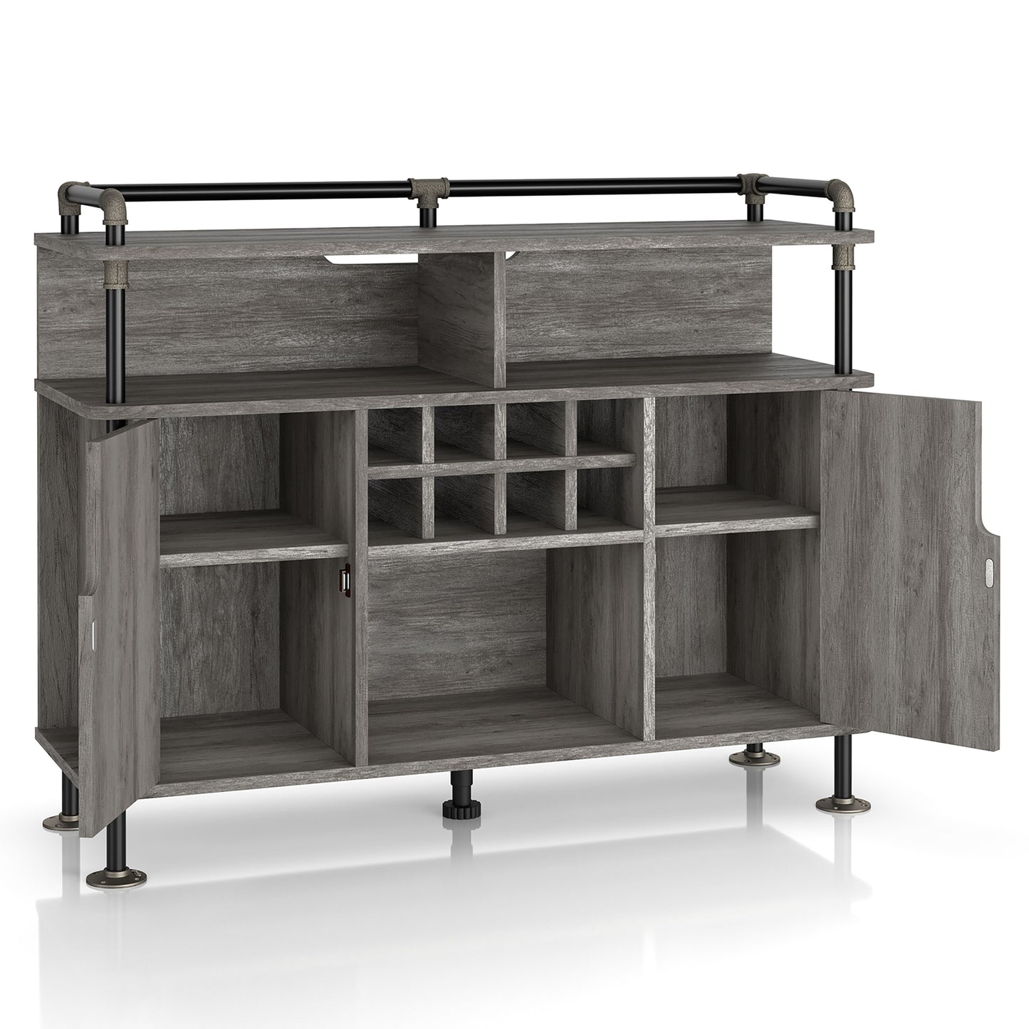 Right angled industrial vintage gray oak and water pipe seven-shelf eight-cabinet wine cabinet with doors open on a white background