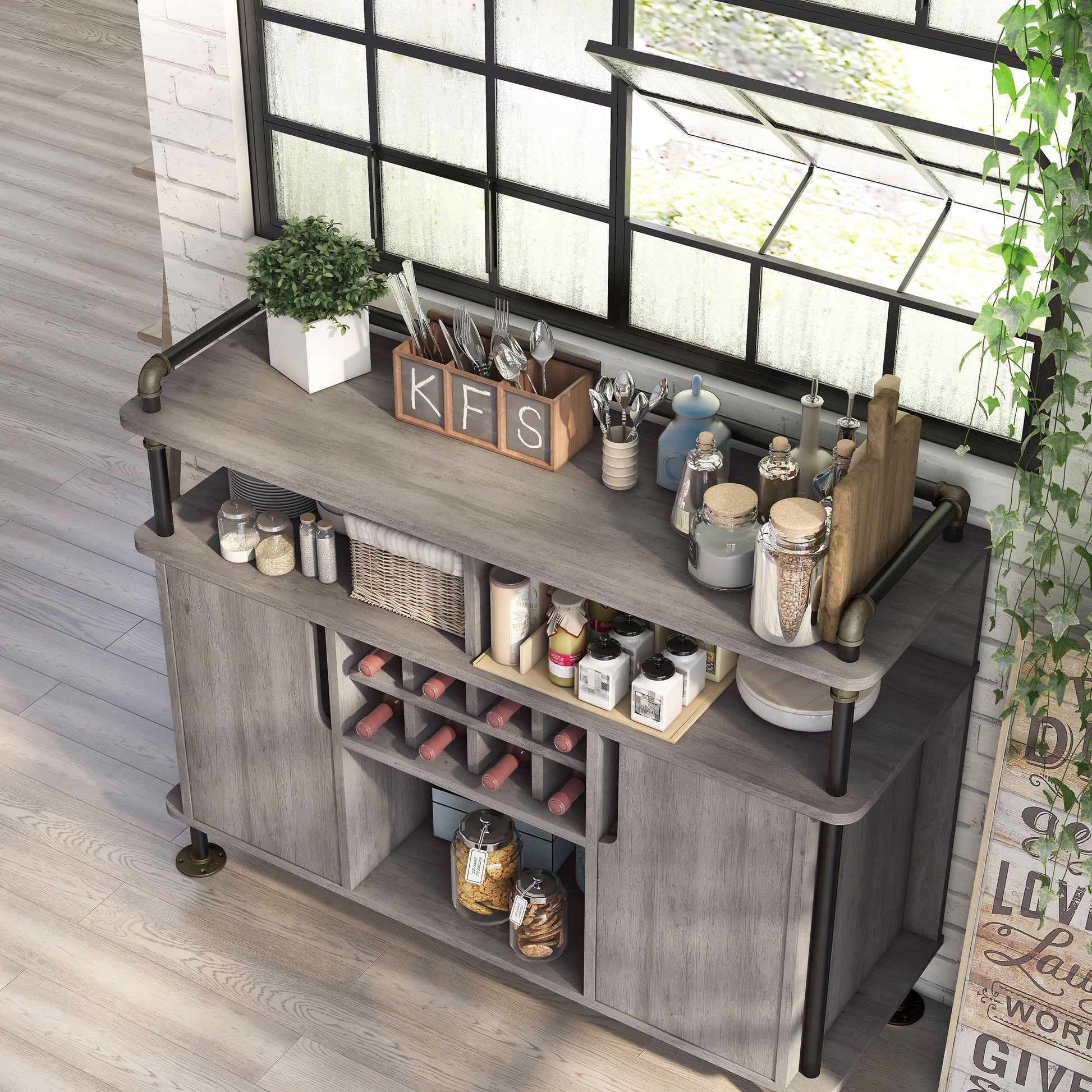 Left angled bird's eye view of an industrial vintage gray oak and water pipe seven-shelf eight-cabinet wine cabinet in a living area with accessories