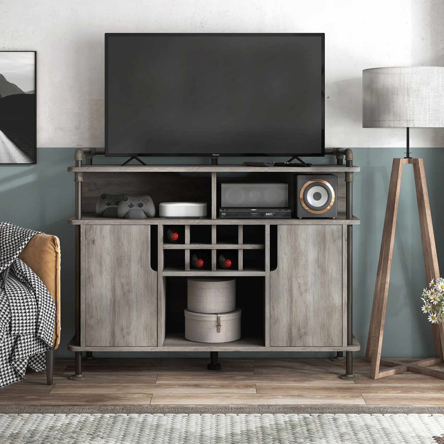 Front-facing industrial vintage gray oak and water pipe seven-shelf eight-cabinet wine cabinet in a living room with accessories