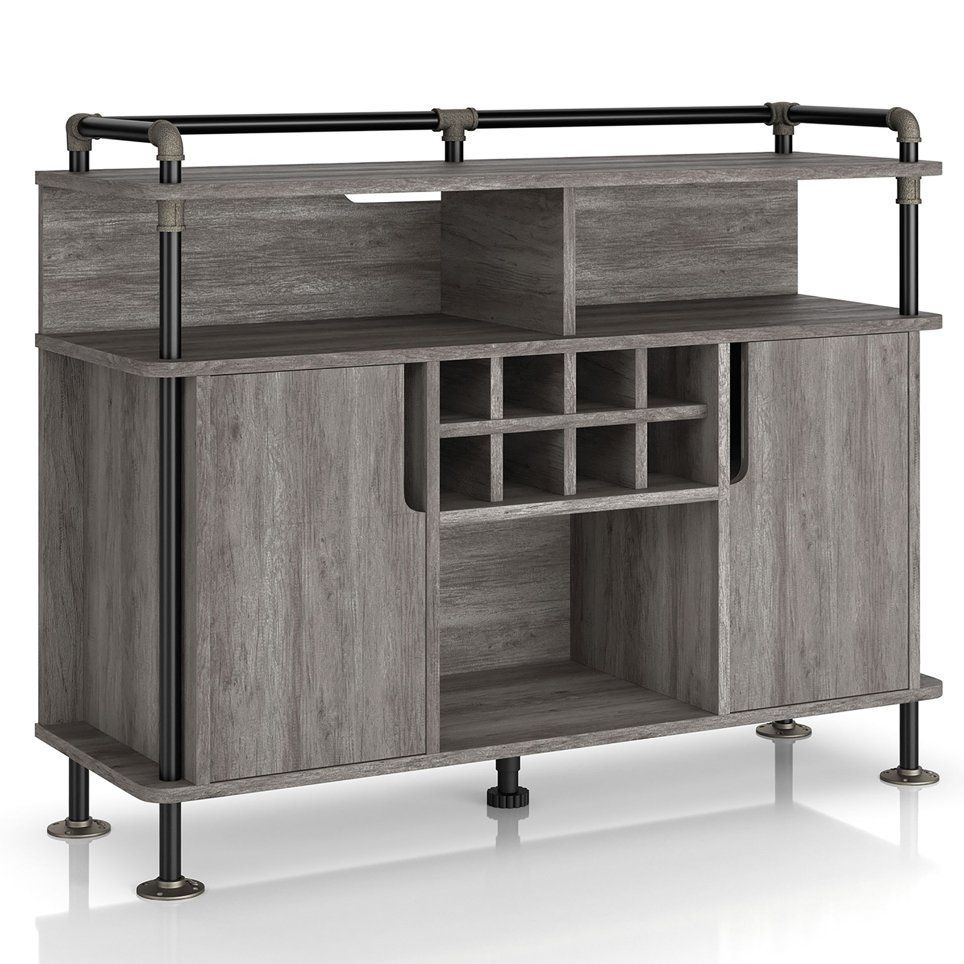 Right angled industrial vintage gray oak and water pipe seven-shelf eight-cabinet wine cabinet on a white background