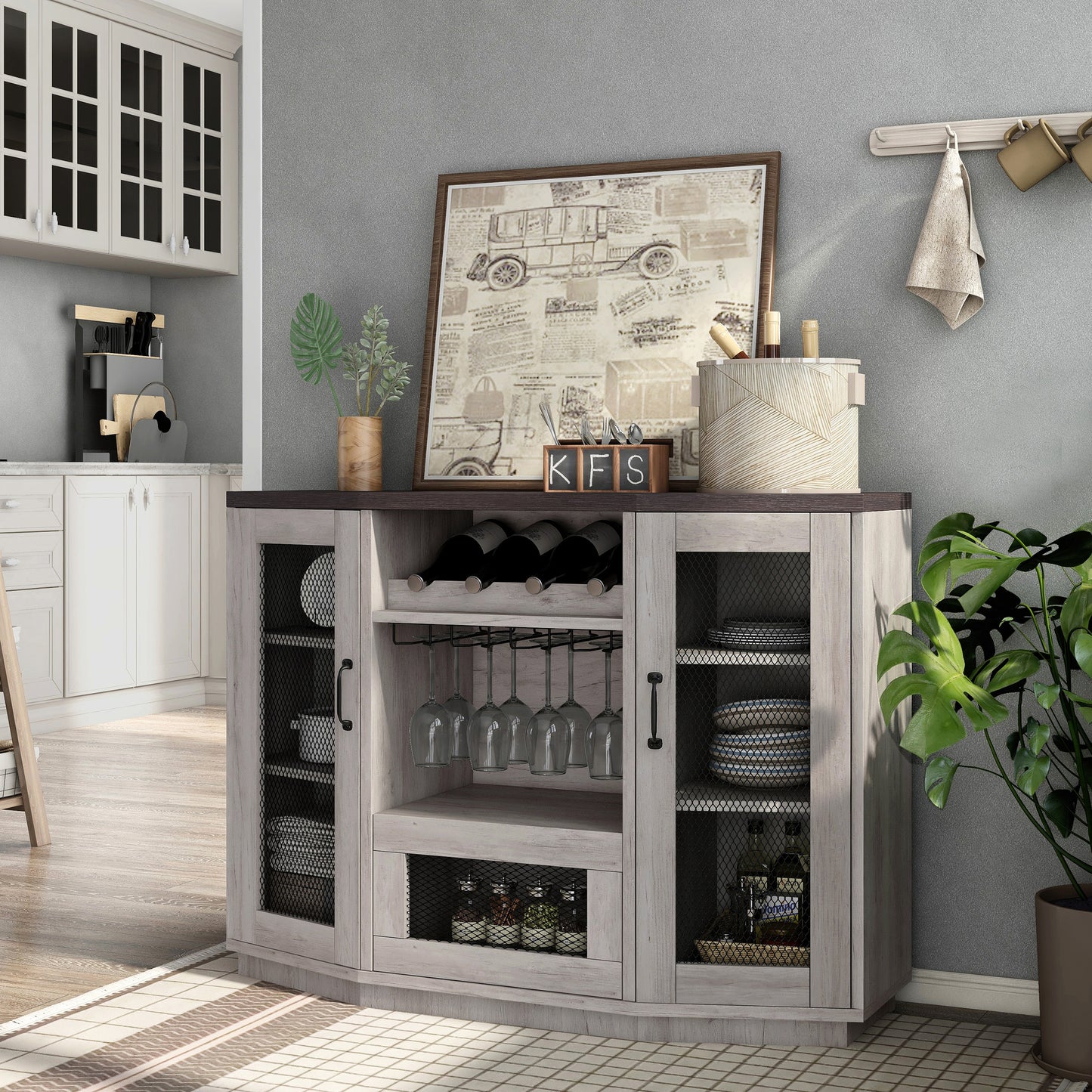 Left angled farmhouse coastal white six-shelf buffet with wine storage and stemware racks in a dining room with accessories
